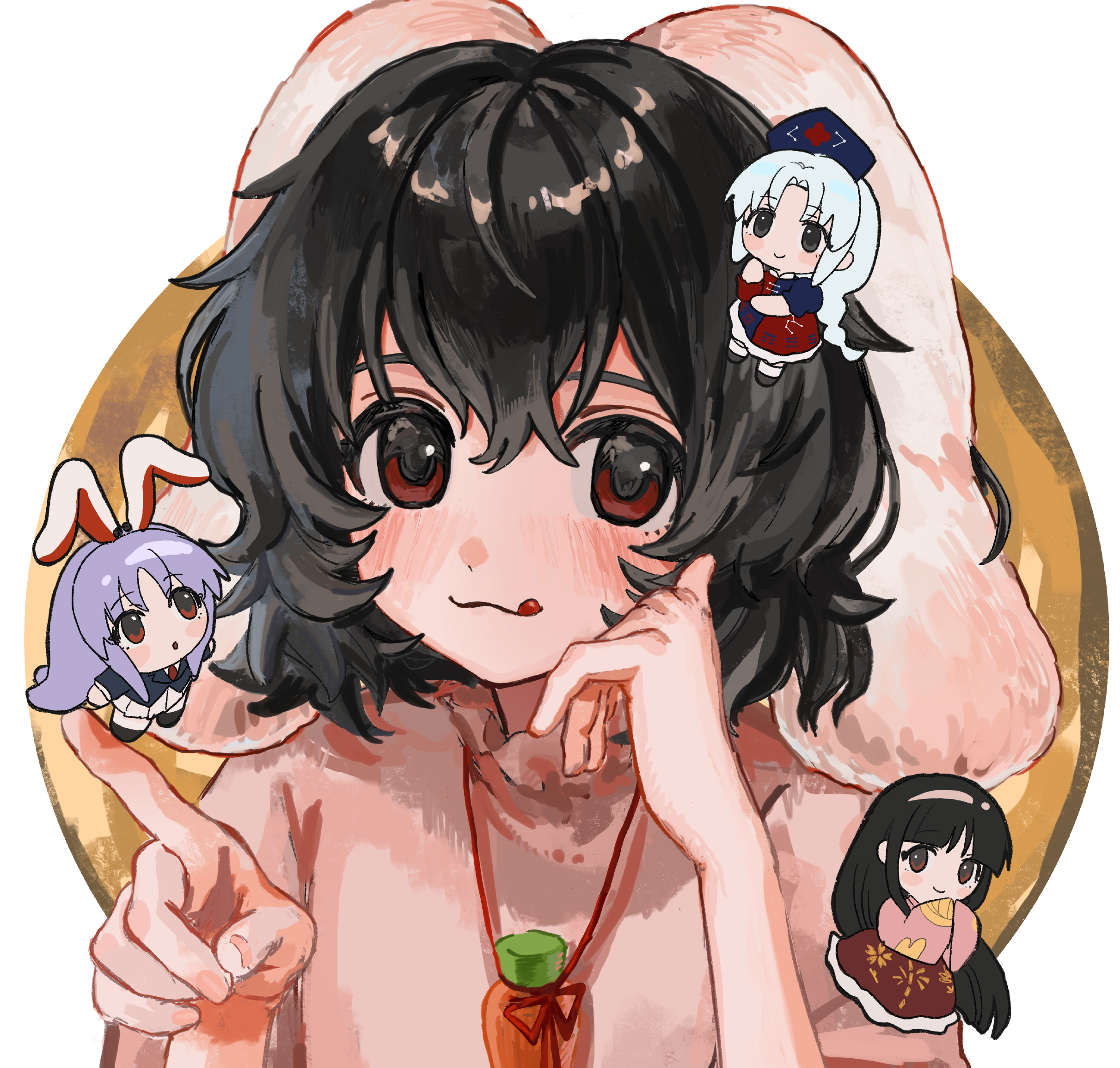 b nosk101, houraisan kaguya, inaba tewi, reisen udongein inaba, yagokoro eirin, touhou, commentary, highres, 4girls, :3, :q, animal ears, black hair, blush, carrot necklace, chibi, chibi inset, dress, fingernails, grey hair, hat, index finger raised, jewelry, looking at viewer, lop rabbit ears, multiple girls, necklace, nurse cap, pink dress, purple hair, rabbit ears, rabbit girl, red eyes, split-color clothes, tongue, tongue out, two-tone dress, upper body