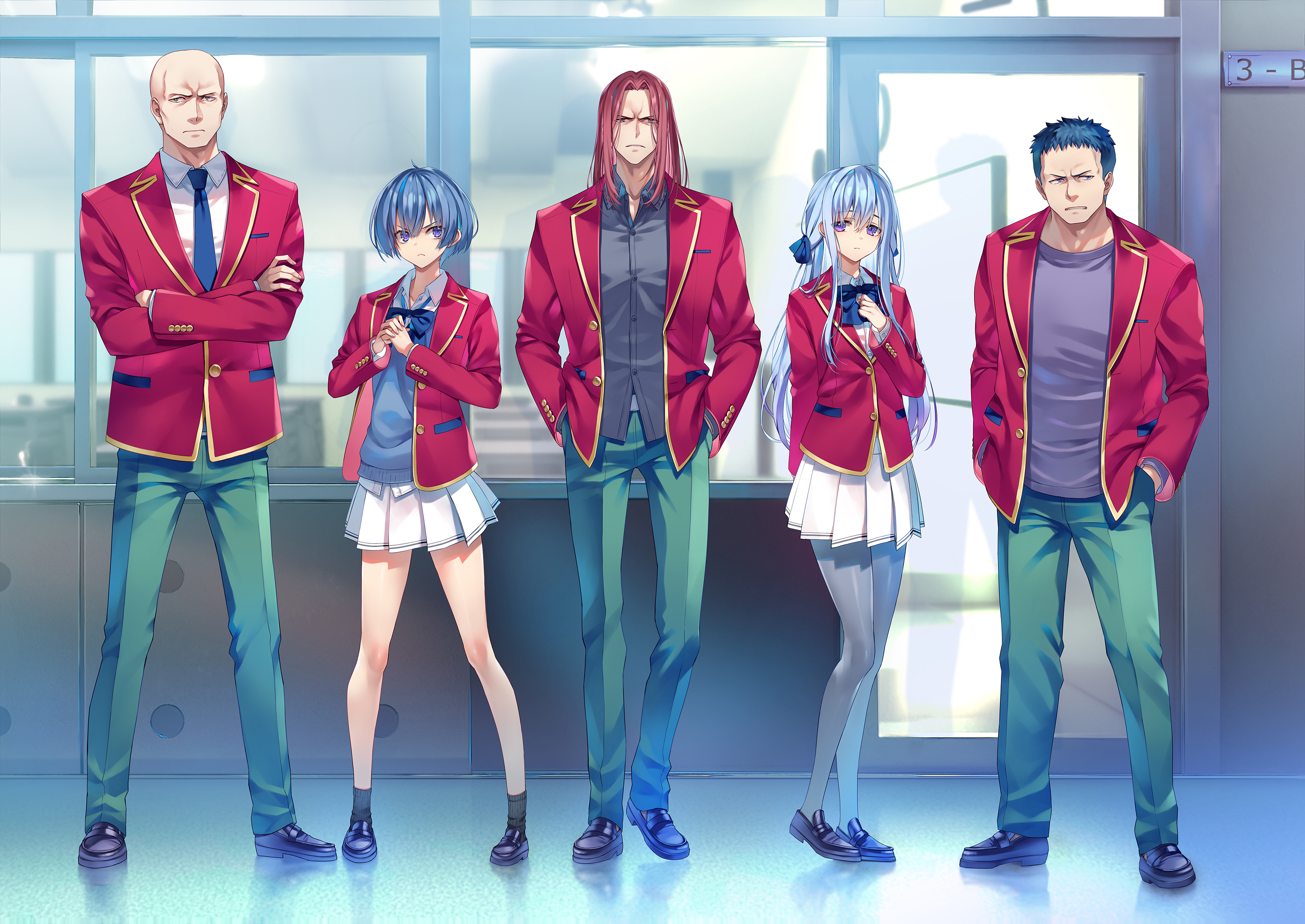 tomose shunsaku, ibuki mio, katsuragi kouhei, ryuuen kakeru, shiina hiyori, youkoso jitsuryoku shijou shugi no kyoushitsu e, highres, official art, 2girls, 3boys, advanced nurturing high school uniform, bald, black hair, black shoes, black socks, blazer, blue bow, blue bowtie, blue cardigan, blue hair, blue necktie, bow, bowtie, cardigan, collared shirt, crossed arms, green pants, grey hair, grey pantyhose, hallway, hands in pockets, heel up, ishizaki daichi, jacket, lineup, loafers, long hair, looking at viewer, medium hair, multiple boys, multiple girls, necktie, open clothes, open jacket, pants, pantyhose, pleated skirt, purple shirt, red hair, red jacket, school uniform, shirt, shoes, short hair, skirt, socks, standing, white shirt, white skirt