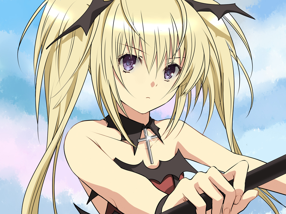 3u, hoshina utau, lunatic charm, shugo chara!, bad id, bad pixiv id, 1girl, bare shoulders, blonde hair, choker, cross, female focus, head wings, long hair, purple eyes, solo, wings