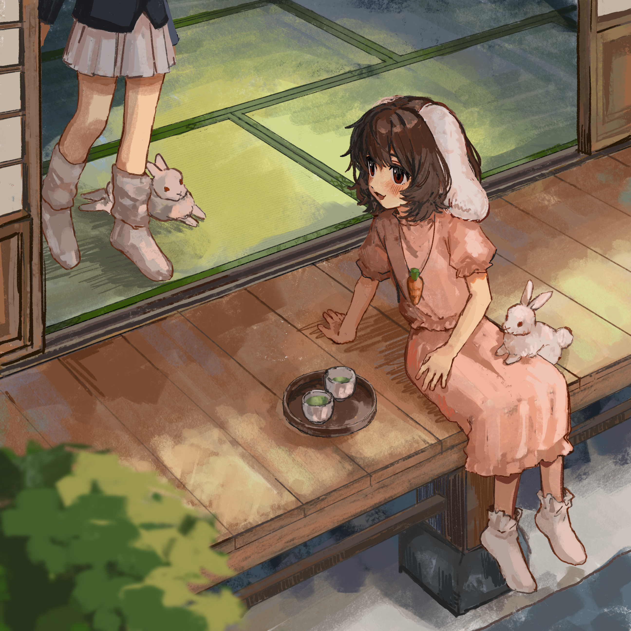 b nosk101, inaba tewi, touhou, absurdres, commentary, highres, 2girls, animal ears, arm support, blush, carrot necklace, dress, from above, green tea, grey skirt, jewelry, looking to the side, lop rabbit ears, multiple girls, necklace, on floor, pink dress, pleated skirt, puffy short sleeves, puffy sleeves, rabbit ears, rabbit girl, short sleeves, sitting, skirt, slice of life, sliding doors, smile, socks, tatami, tea, tray, white rabbit (animal), white socks, wooden floor