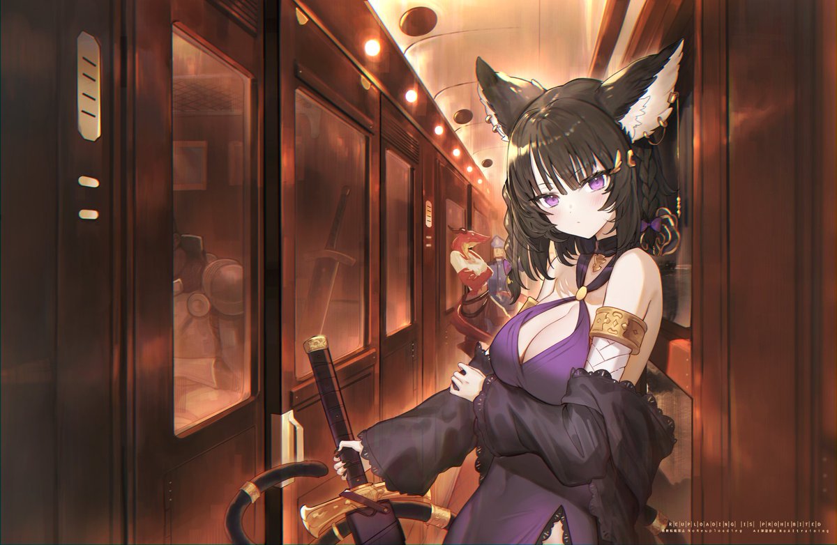 miruto netsuki, bangaa, warrior of light (ff14), final fantasy, final fantasy xiv, commentary, english commentary, 1girl, animal ears, arm under breasts, armlet, bare shoulders, black choker, black hair, black jacket, braid, breasts, cat ears, cat girl, cat tail, choker, cleavage, covered navel, cowboy shot, criss-cross halter, dress, hair ornament, hairclip, halterneck, holding, holding sword, holding weapon, jacket, jewelry, large breasts, looking at viewer, medium hair, miqo'te, multiple others, off shoulder, purple dress, purple eyes, side slit, sleeveless, sleeveless dress, solo focus, sword, tail, train interior, v-shaped eyebrows, weapon