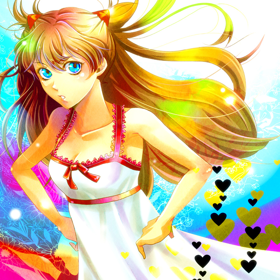 yoshii kyoko, souryuu asuka langley, neon genesis evangelion, rebuild of evangelion, 00s, 1girl, blue eyes, breasts, cleavage, dress, female focus, hair ornament, hairclip, hand on own hip, hands on own hips, heart, hip focus, long hair, medium breasts, orange hair, ribbon, solo, sundress, white dress