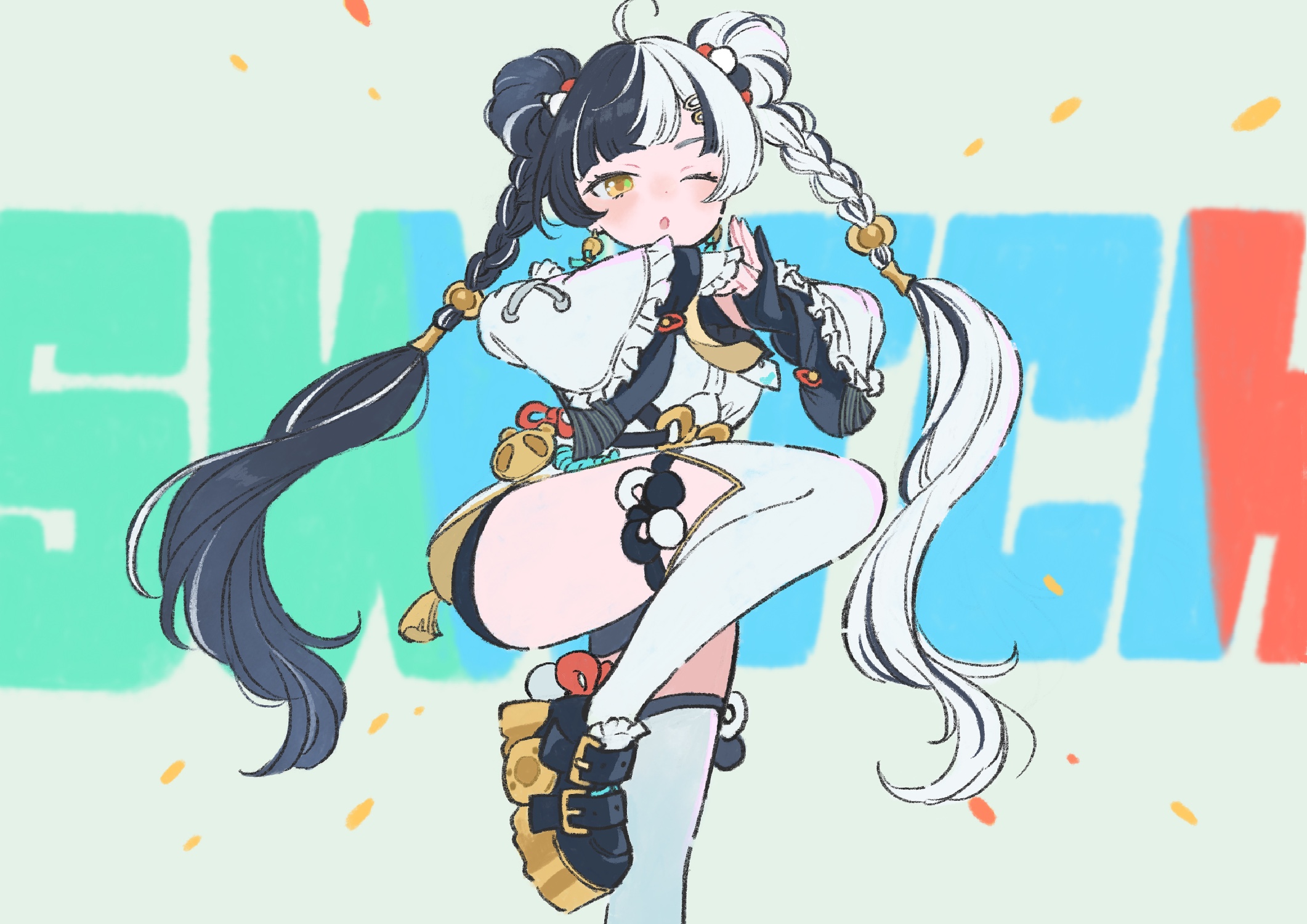 shiro chan46, dialyn (zenless zone zero), zenless zone zero, commentary request, highres, 1girl, ahoge, black hair, braid, braided twintails, china dress, chinese clothes, detached sleeves, double bun, dress, earrings, green background, hair bun, hair extensions, hair ornament, hairclip, id card, jewelry, long hair, looking at viewer, multicolored hair, necktie, one eye closed, open mouth, palm-fist greeting, ring hair extensions, solo, split-color hair, standing, standing on one leg, thighhighs, white dress, white hair, white thighhighs, wire, yellow eyes, yellow necktie