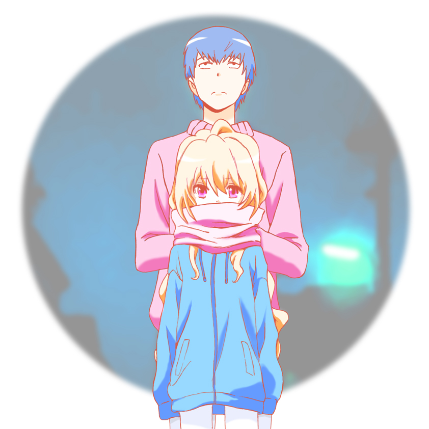 te2, aisaka taiga, takasu ryuuji, toradora!, 00s, 1boy, 1girl, ahoge, blonde hair, blue hair, coat, cowboy shot, crazy eyes, height difference, long hair, long sleeves, pink scarf, red eyes, scarf, standing, wide-eyed, winter clothes, winter coat