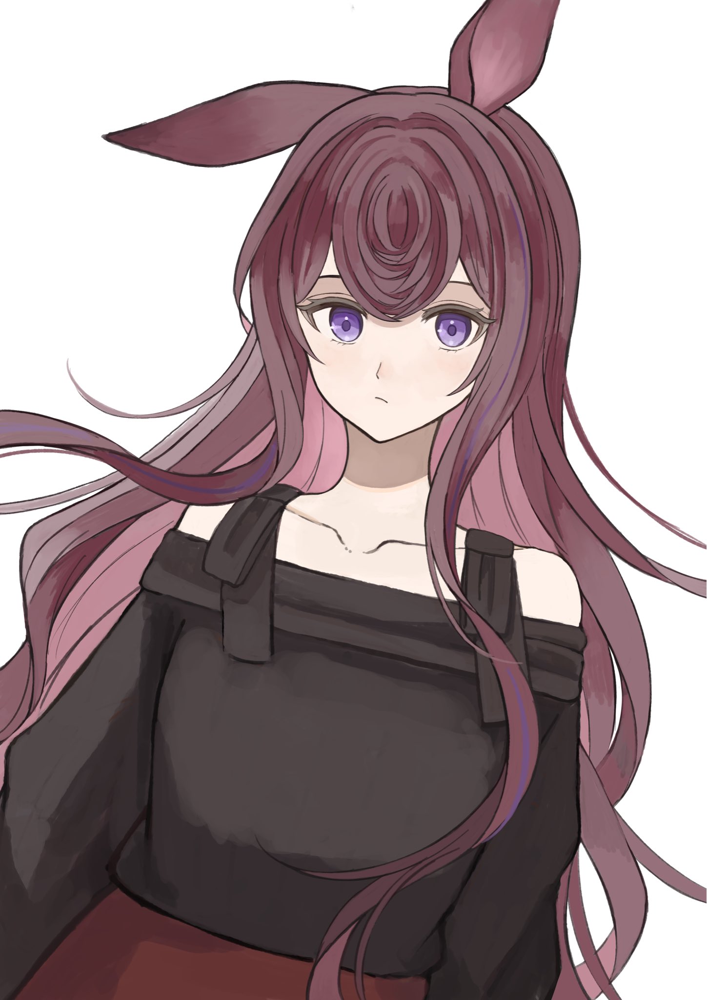 udo (akn otk), ray (arknights), arknights, highres, 1girl, alternate costume, animal ears, bare shoulders, black shirt, brown hair, closed mouth, collarbone, expressionless, long hair, long sleeves, looking at viewer, multicolored hair, off shoulder, purple eyes, purple streaks, shirt, simple background, single ear down, solo, streaked hair, upper body, white background