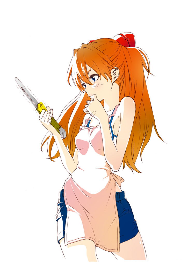 karasuma tasuku, kuro koge, souryuu asuka langley, neon genesis evangelion, rebuild of evangelion, bad id, bad pixiv id, 00s, 1girl, apron, bandages, blue eyes, bra, denim, denim shorts, female focus, hair ornament, knife, lingerie, long hair, orange hair, shorts, simple background, solo, sweatdrop, underwear