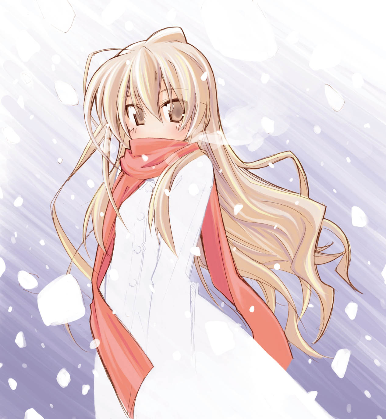 ogura shuuichi, aisaka taiga, toradora!, highres, jpeg artifacts, 00s, 1girl, brown eyes, brown hair, female focus, long hair, scarf, scarf over mouth, snow, snowing, solo, tsurime