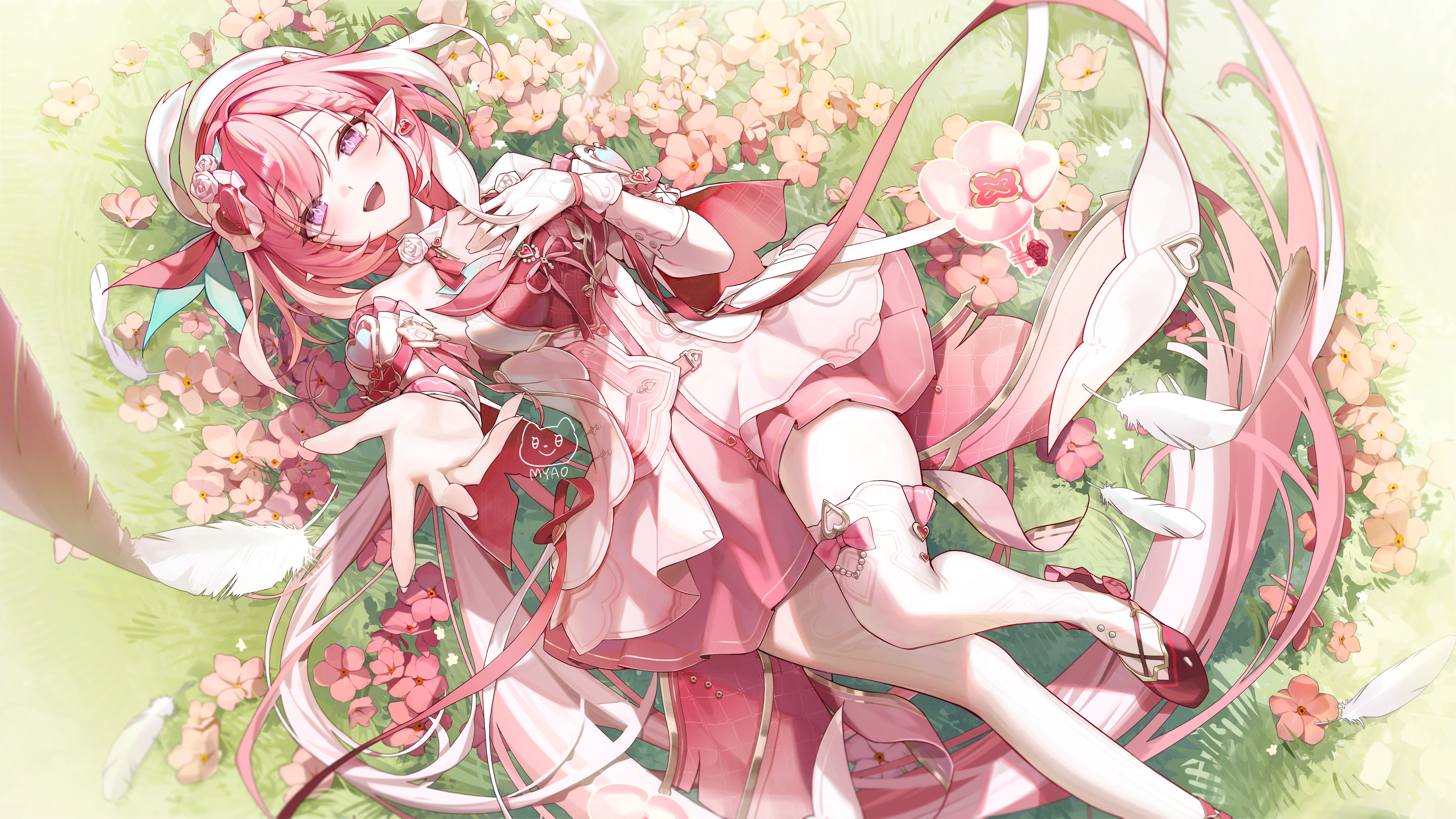 myao (myaodayone), elysia (hi love elf) (honkai impact), elysia (honkai impact), honkai (series), honkai impact 3rd, absurdres, commentary, commentary request, english commentary, highres, mixed-language commentary, 1girl, artist logo, bare shoulders, beret, braid, braided bangs, breasts, cherry blossoms, diamond-shaped pupils, diamond (shape), dress, earrings, feathers, fingernails, foot out of frame, from above, gloves, hair ornament, hand on own chest, hat, heart, heart earrings, heart hair ornament, jewelry, large breasts, logo, long hair, lying, on back, open mouth, pantyhose, pink dress, pink hair, pink shoes, pointy ears, purple eyes, reaching, reaching towards viewer, shoes, sidelocks, single glove, single leg pantyhose, single thighhigh, smile, solo, symbol-shaped pupils, thighhighs, thighs, very long hair, white feathers, white gloves, white hat, white pantyhose, white thighhighs