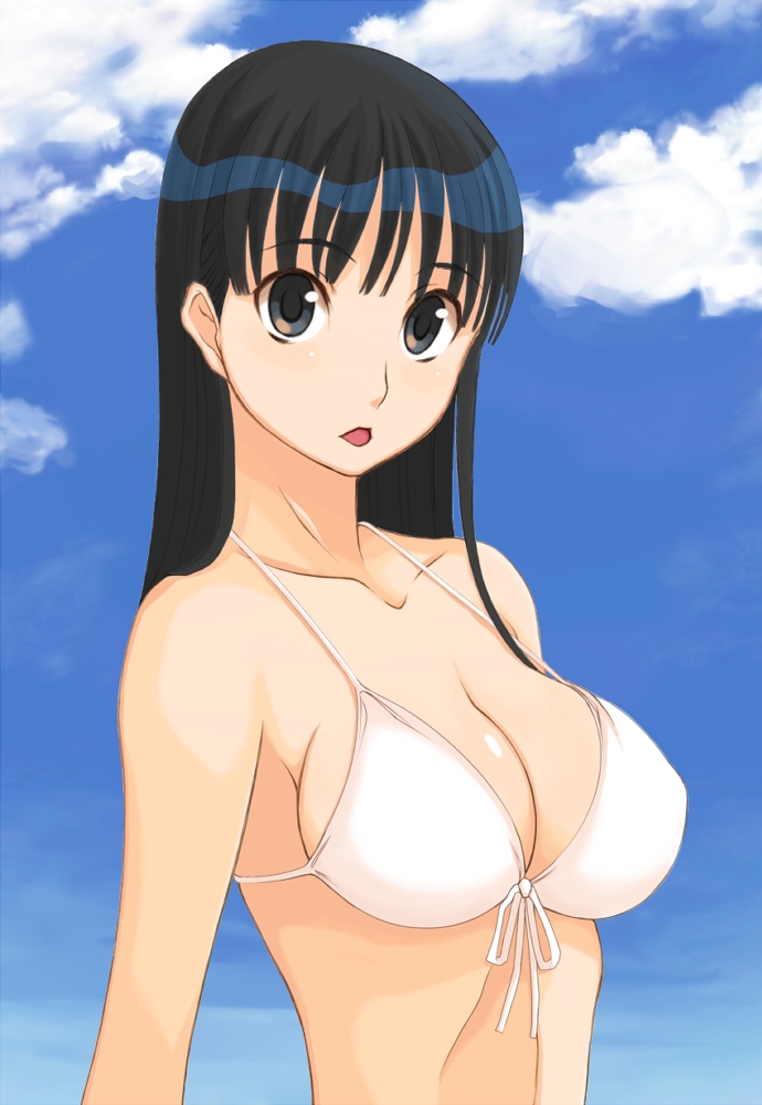 kamimiya, bikini, black eyes, black hair, day, solo, swimsuit, white bikini