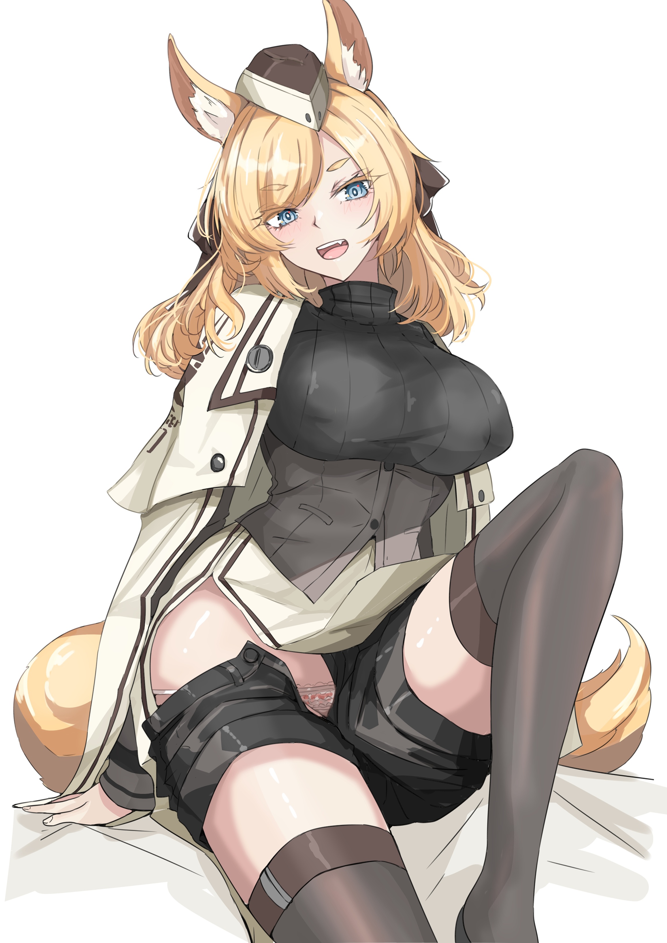 ken (shutenndouji1), whislash (arknights), arknights, absurdres, commentary, highres, revision, 1girl, :d, animal ear fluff, animal ears, black shorts, black sweater, blonde hair, blue eyes, breasts, bright pupils, brown hat, fang, feet out of frame, grey thighhighs, hat, large breasts, long sleeves, looking at viewer, medium hair, open fly, open mouth, ribbed sweater, shorts, simple background, sitting, smile, solo, sweater, swept bangs, tail, thighhighs, turtleneck, turtleneck sweater, underbust, white background, white hat, white pupils, yellow tail