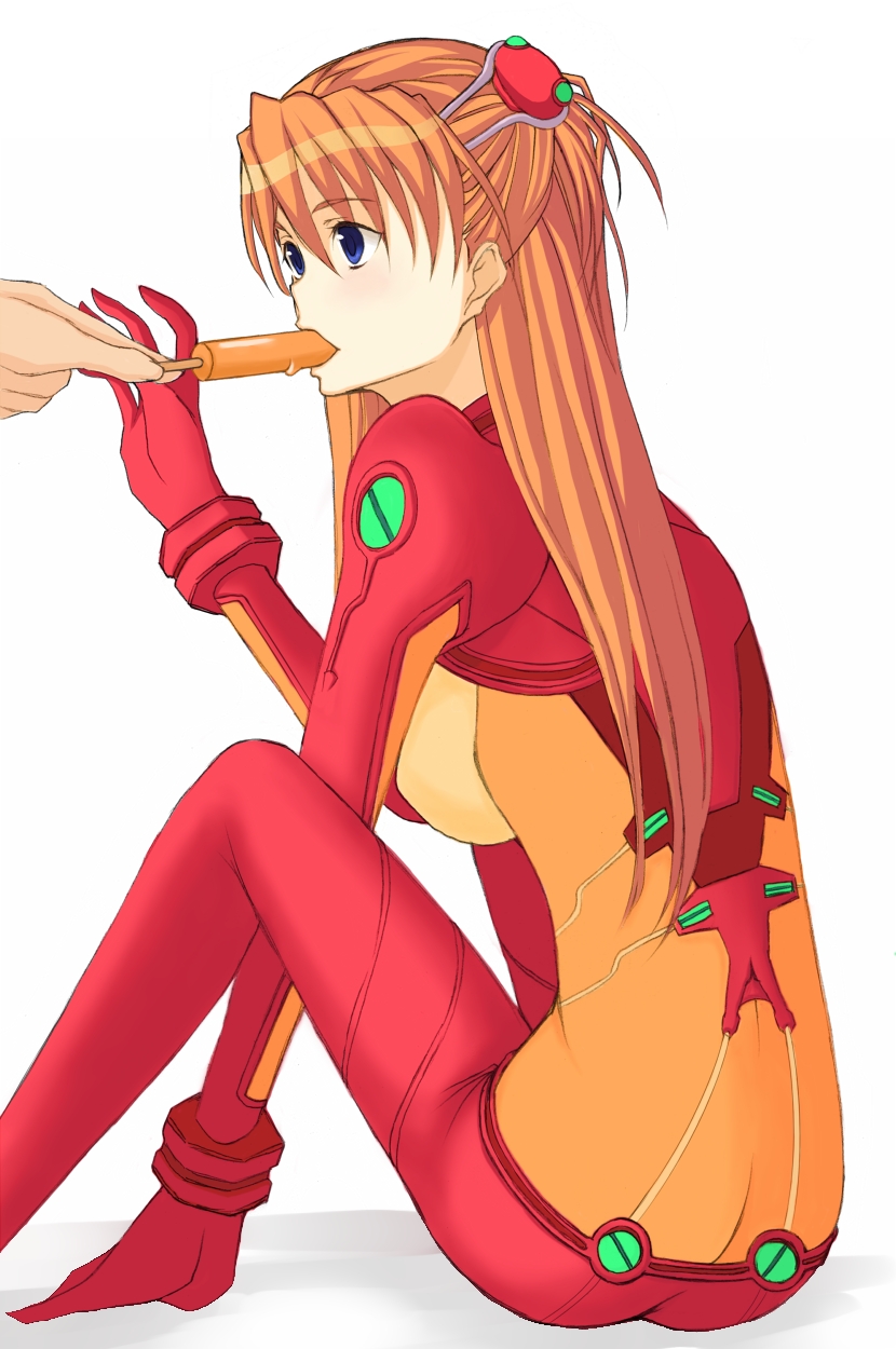 kamimiya, souryuu asuka langley, evangelion: 2.0 you can (not) advance, neon genesis evangelion, rebuild of evangelion, alternate breast size, bad id, bad pixiv id, highres, 00s, 1girl, arm support, artistic error, ass, bad anatomy, blue eyes, bodysuit, bracer, breasts, butt crack, eating, feeding, food, from side, gloves, hair between eyes, hair ornament, hairpods, hand up, holding, interface headset (evangelion), long hair, looking to the side, mecha pilot suit, medium breasts, orange hair, plugsuit (evangelion), poorly drawn, popsicle, red hair, see-through clothes, sexually suggestive, simple background, sitting, solo focus, test plugsuit (evangelion), turtleneck, two side up, white background