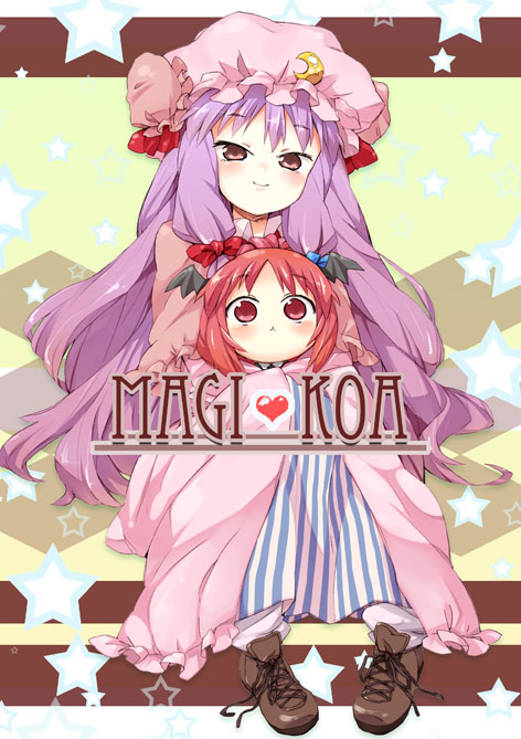 hama chon, koakuma, patchouli knowledge, embodiment of scarlet devil, touhou, 2girls, :<, bat wings, chibi, female focus, hat, head wings, long hair, multiple girls, pink eyes, purple hair, red eyes, red hair, sitting, wings