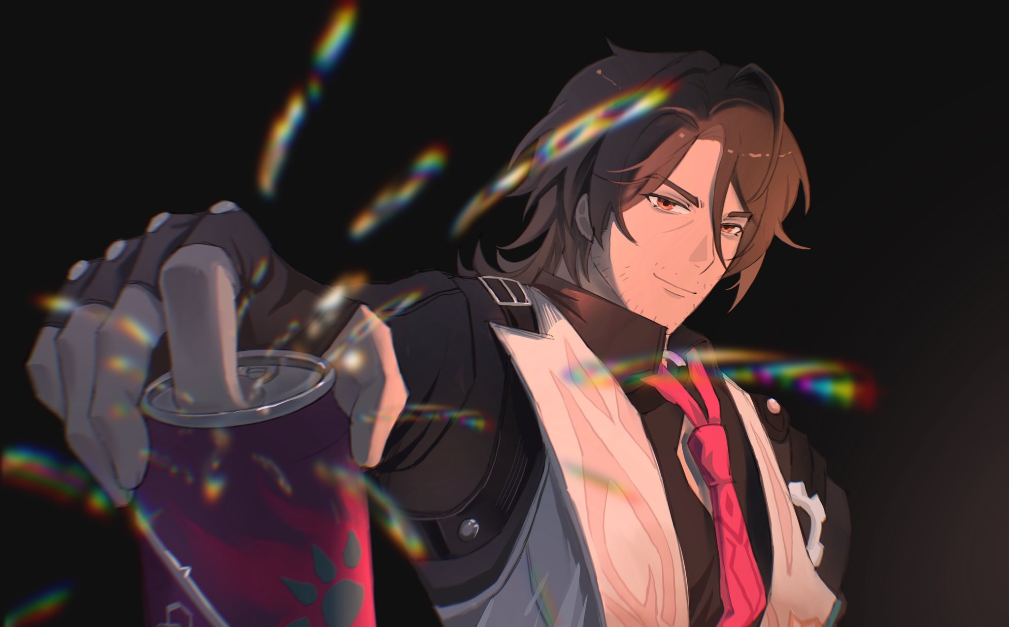 misskou525076, gallagher (honkai: star rail), honkai: star rail, honkai (series), hashtag-only commentary, highres, 1boy, beer can, black background, black gloves, black shirt, blurry, blurry foreground, brown hair, can, chromatic aberration, closed mouth, collared shirt, drink can, facial hair, fingerless gloves, gloves, hair between eyes, hand up, holding, holding can, lapels, lips, long sleeves, looking at viewer, male focus, medium hair, necktie, pink necktie, red eyes, shirt, simple background, smile, solo, upper body, v-shaped eyebrows, vest, white vest