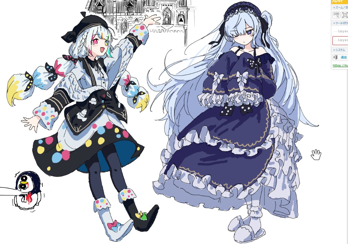 tsujiya okuyasu, jogasaki noah, natsume an-an, mahou shoujo no majo saiban, 2girls, :d, arm up, art program in frame, beret, black boots, black hairband, black hat, black pantyhose, black ribbon, blonde hair, blue bow, blue dress, blue hair, boots, bow, closed mouth, collared dress, cursor, dress, footwear bow, frilled dress, frilled hairband, frilled sleeves, frills, full body, gokuchou, green bow, green hair, hair over one eye, hairband, hat, heterochromia, lolita fashion, lolita hairband, long dress, long hair, long sleeves, looking at viewer, magicaldraw (medium), multi-tied hair, multicolored eyes, multicolored hair, multiple girls, neck ribbon, off-shoulder dress, off shoulder, one eye closed, open mouth, orange hair, pantyhose, pink bow, pink eyes, pink hair, polka dot, polka dot bow, purple eyes, ribbon, simple background, sleeve bow, sleeves past fingers, sleeves past wrists, slippers, smile, socks, standing, streaked hair, two-tone eyes, very long hair, white background, white boots, white bow, white dress, white hair, white slippers, white socks, wing collar, yellow bow, yellow eyes