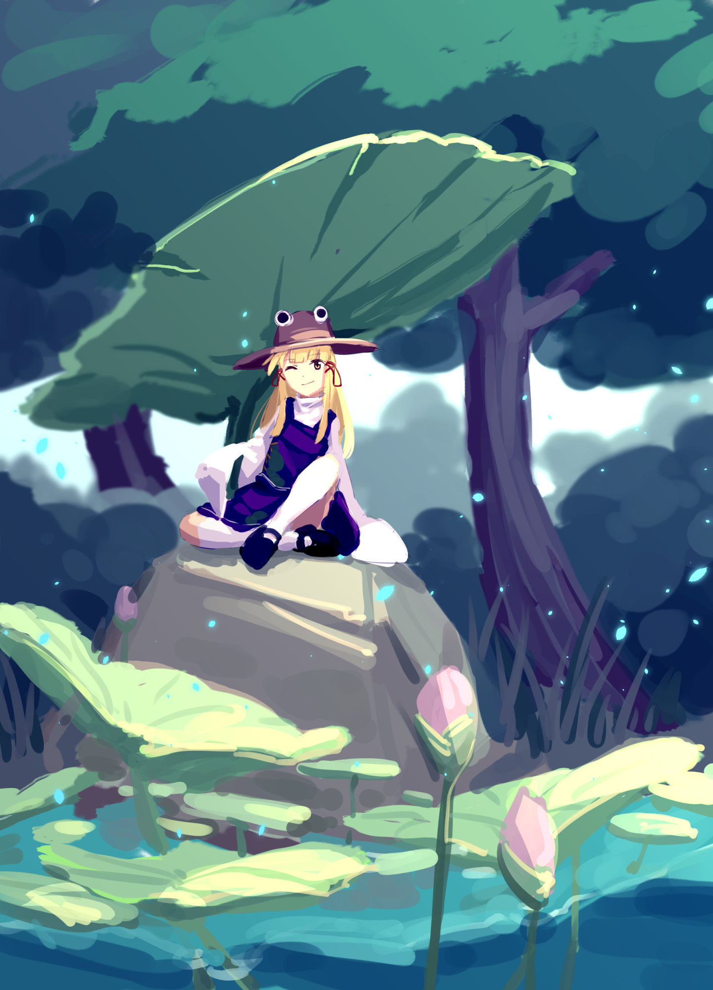 furahata gen, moriya suwako, touhou, flower request, highres, 1girl, black shoes, blonde hair, brown hat, bush, closed mouth, crossed legs, day, grass, hair ribbon, hand rest, hat, lily pad, long sleeves, looking at viewer, medium hair, one eye closed, purple skirt, purple vest, red ribbon, ribbon, rock, shirt, shoes, sitting, skirt, smile, socks, tree, turtleneck, vest, water, water drop, white shirt, white socks, yellow eyes