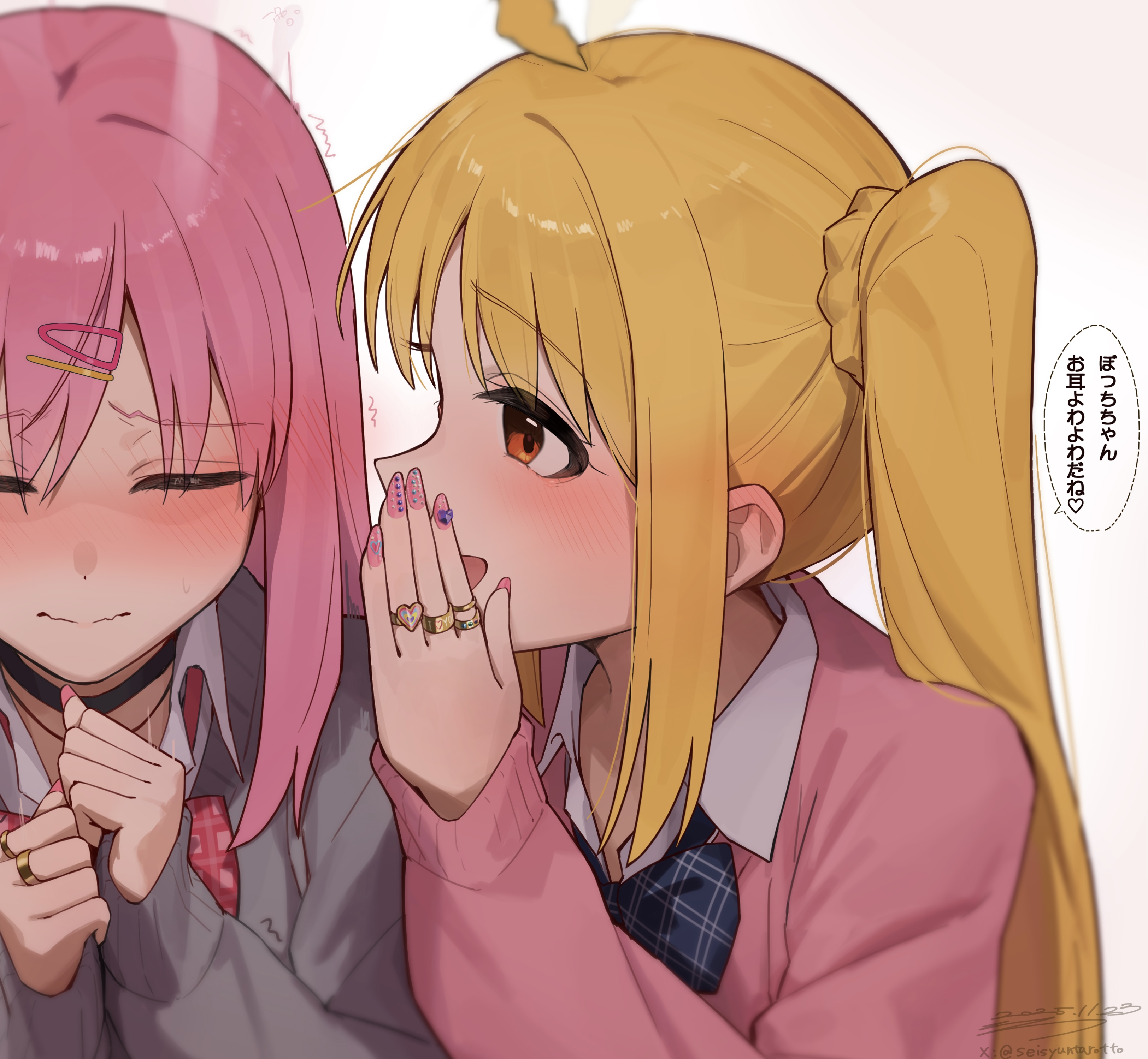 seisyuntarotto, gotoh hitori, ijichi nijika, bocchi the rock!, heart ring, absurdres, commentary request, highres, 2girls, :d, ahoge, ahoge wag, black choker, blonde hair, blue bow, blue bowtie, blush, bow, bowtie, choker, closed eyes, closed mouth, expressive hair, grey sweater, hand up, long hair, long sleeves, multiple girls, nail polish, open mouth, pink hair, pink nails, pink sweater, plaid bow, plaid bowtie, plaid clothes, red bow, red bowtie, red eyes, school uniform, side ponytail, sidelocks, simple background, smile, speech bubble, sweater, upper body, white background, wing collar