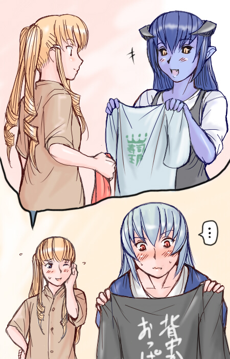 tsuda nanafushi, astaroth (shinrabanshou), shinku, suigintou, futaba channel, rozen maiden, shinrabanshou, silver hair, translation request, 00s, 3girls, aged up, black sclera, blonde hair, blue eyes, blue hair, blue skin, blush, casual, clothes writing, colored sclera, colored skin, demon girl, fuck-me shirt, horns, long hair, multiple girls, one eye closed, red eyes, shirt, t-shirt, text focus, wink, yellow eyes