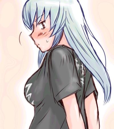 tsuda nanafushi, suigintou, rozen maiden, silver hair, lowres, 00s, 1girl, aged up, blush, breasts, casual, clothes writing, female focus, large breasts, shirt, solo, t-shirt