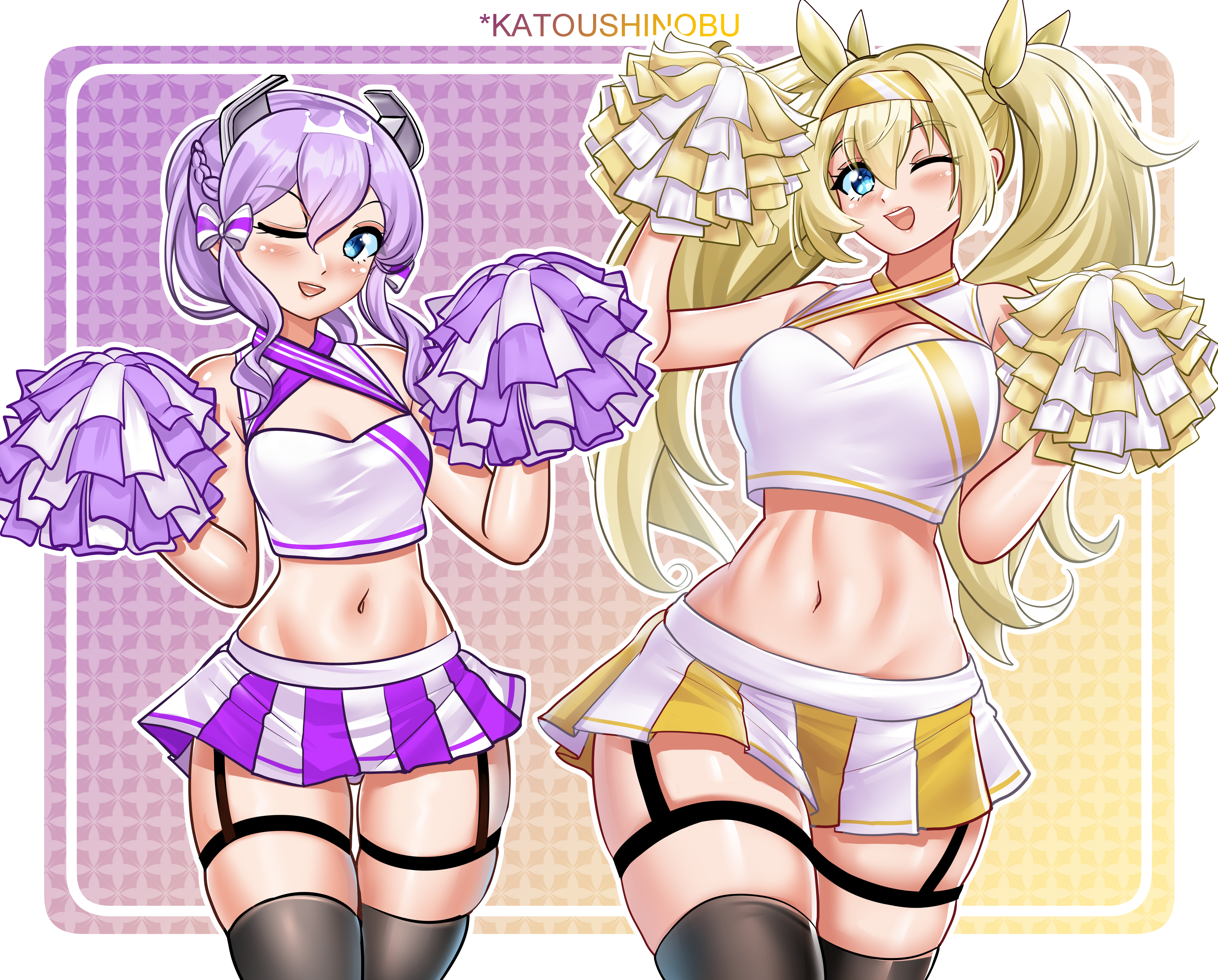katou shinobu, gambier bay (kancolle), langley (kancolle), kantai collection, absurdres, highres, 2girls, alternate costume, bare shoulders, blonde hair, blue eyes, blush, breasts, cheerleader, crop top, hair between eyes, hairband, headgear, high side ponytail, holding, holding pom poms, large breasts, long hair, looking at viewer, medium hair, midriff, miniskirt, multiple girls, navel, one eye closed, open mouth, pleated skirt, pom pom (cheerleading), pom poms, purple hair, shirt, skirt, sleeveless, sleeveless shirt, smile, solo, twintails, white skirt