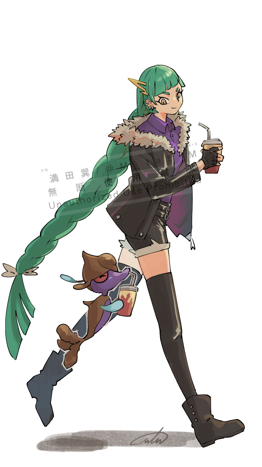 m t m, lebanne (pokemon), skrelp, nintendo, pokemon, pokemon legends: z-a, commentary request, highres, 1girl, alternate costume, black boots, black shorts, black thighhighs, blunt bangs, boots, bow, braid, braided ponytail, closed eyes, collared shirt, colored sclera, colored skin, cup, drinking straw, fish, fur-trimmed jacket, fur-trimmed shorts, fur trim, gen 6 pokemon, green hair, holding, holding cup, jacket, latex jacket, latex shorts, long braid, long hair, pokemon (creature), purple shirt, purple skin, red sclera, seahorse, shirt, shorts, smile, snout, thighhighs, tsurime, white bow