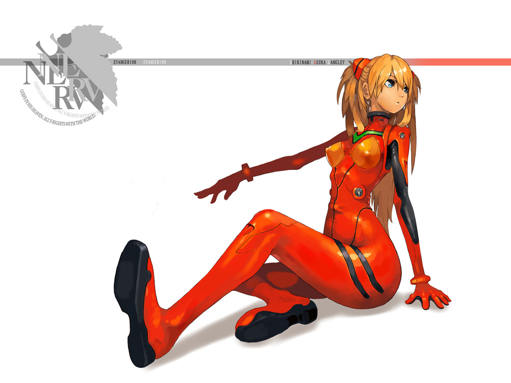mifu, mitu, souryuu asuka langley, neon genesis evangelion, 1girl, arm support, blue eyes, bodysuit, bracer, breasts, brown hair, character name, copyright name, covered erect nipples, curvy, english text, female focus, from side, full body, gloves, hair between eyes, hair ornament, hip focus, knee up, logo, long hair, looking to the side, mecha pilot suit, narrow waist, nerv, orange hair, outstretched arm, parted lips, plugsuit (evangelion), red hair, shadow, shiny clothes, simple background, sitting, small breasts, solo, turtleneck, two side up, white background, wide hips