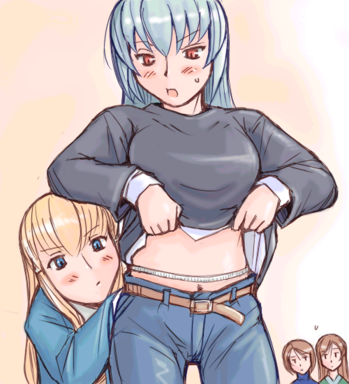 tsuda nanafushi, shinku, souseiseki, suigintou, suiseiseki, rozen maiden, silver hair, 00s, 4girls, aged up, belt, blonde hair, blue eyes, breasts, brown hair, casual, clothes lift, denim, jeans, large breasts, measuring, multiple girls, pants, red eyes, shirt lift, siblings, sisters, tape measure, twins
