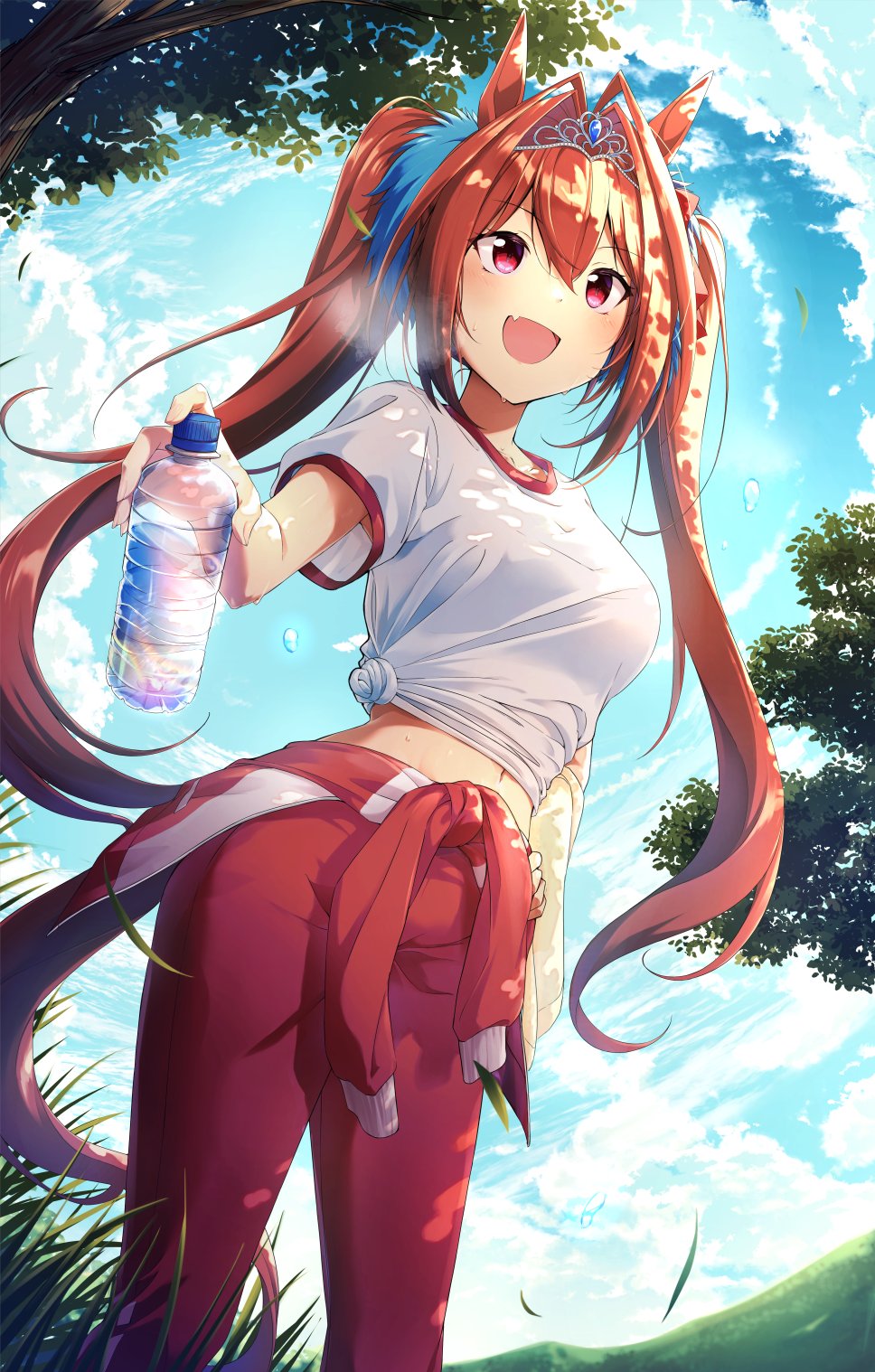 murasaki himuro, daiwa scarlet (umamusume), umamusume, highres, 1girl, animal ears, blue sky, blush, bottle, breasts, brown hair, clothes around waist, cloud, fang, grass, gym shirt, hair between eyes, hair intakes, holding, holding bottle, horse ears, horse girl, horse tail, jacket, jacket around waist, long hair, medium breasts, midriff, navel, open mouth, outdoors, pants, red eyes, red jacket, red pants, shirt, short sleeves, skin fang, sky, smile, solo, tail, tiara, tied shirt, tracen training uniform, track jacket, track pants, tree, twintails, very long hair, water bottle, white shirt