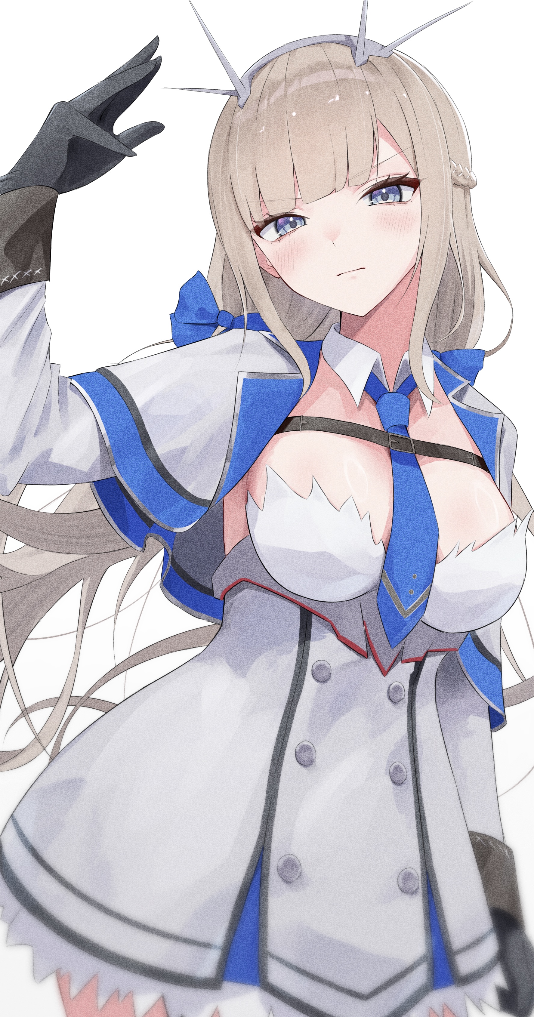 l meet, maryland (kancolle), kantai collection, absurdres, commentary request, highres, 1girl, between breasts, blue bow, blue eyes, blue necktie, bow, braid, breasts, brown hair, capelet, dress, grey capelet, grey dress, hair bow, headgear, large breasts, long hair, low twintails, necktie, necktie between breasts, pleated dress, side braids, simple background, solo, twintails, white background