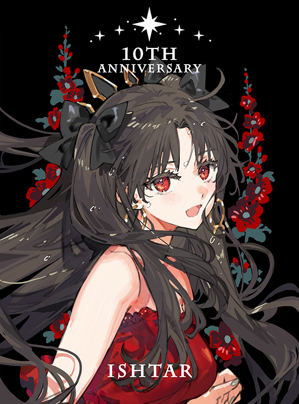 starshadowmagician, ishtar (fate), fate/grand order, fate (series), commentary request, 1girl, bare shoulders, bikini, black hair, blush, breasts, character name, earrings, flower, hair ribbon, hoop earrings, jewelry, long hair, looking at viewer, medium breasts, open mouth, parted bangs, red bikini, red eyes, ribbon, smile, solo, swimsuit, tiara, two side up