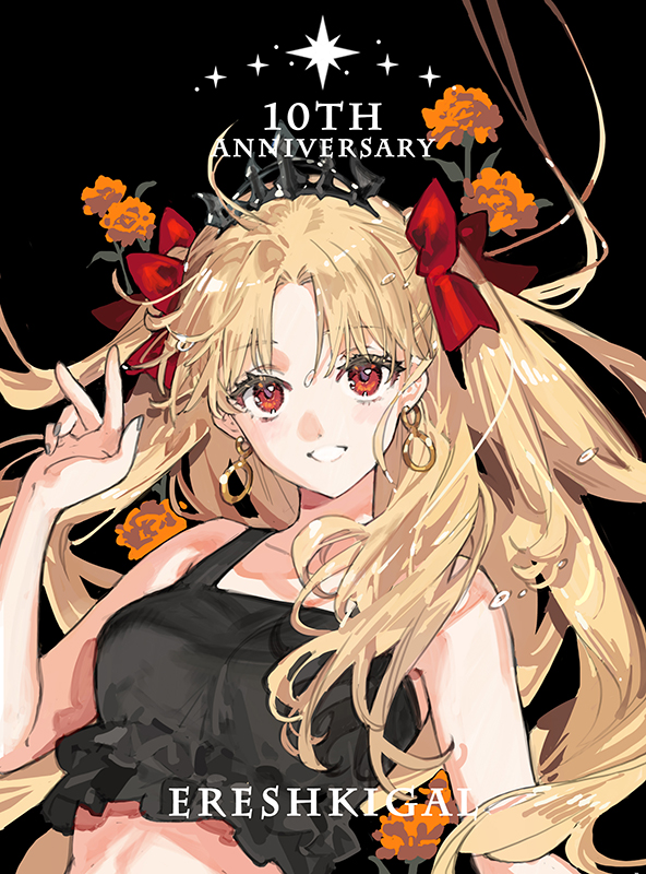 starshadowmagician, ereshkigal (fate), fate/grand order, fate (series), commentary request, 1girl, bare shoulders, bikini, black bikini, blonde hair, blush, bow, breasts, character name, earrings, flower, grin, hair bow, jewelry, long hair, looking at viewer, medium breasts, parted bangs, red eyes, smile, solo, swimsuit, tiara, two side up