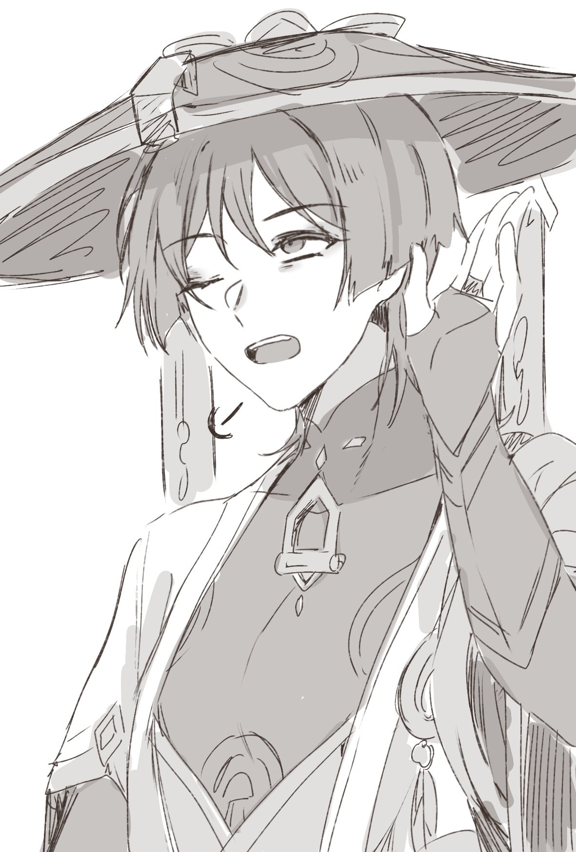 dlgodls0731, scaramouche (genshin impact), wanderer (genshin impact), genshin impact, commentary request, highres, korean commentary, 1boy, arm at side, armor, blunt ends, bodysuit, bridal gauntlets, covered collarbone, eyelashes, feathers, greyscale, hand up, hat, japanese armor, japanese clothes, jingasa, juban, kimono, kote, looking up, male focus, mandarin collar, middle ring, monochrome, one eye closed, open clothes, open hand, open kimono, open mouth, pom pom (clothes), puff of air, short sleeves, sketch, solo, teeth, upper body, upper teeth only, white background, wispy bangs