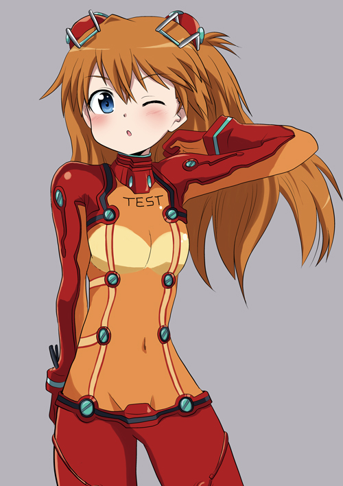 massala, souryuu asuka langley, neon genesis evangelion, rebuild of evangelion, bad id, bad pixiv id, 00s, 1girl, blue eyes, blush, bodysuit, breasts, brown hair, cleavage, female focus, hair flip, mecha pilot suit, one eye closed, orange hair, plugsuit (evangelion), see-through cleavage, see-through clothes, simple background, solo, test plugsuit (evangelion), wink