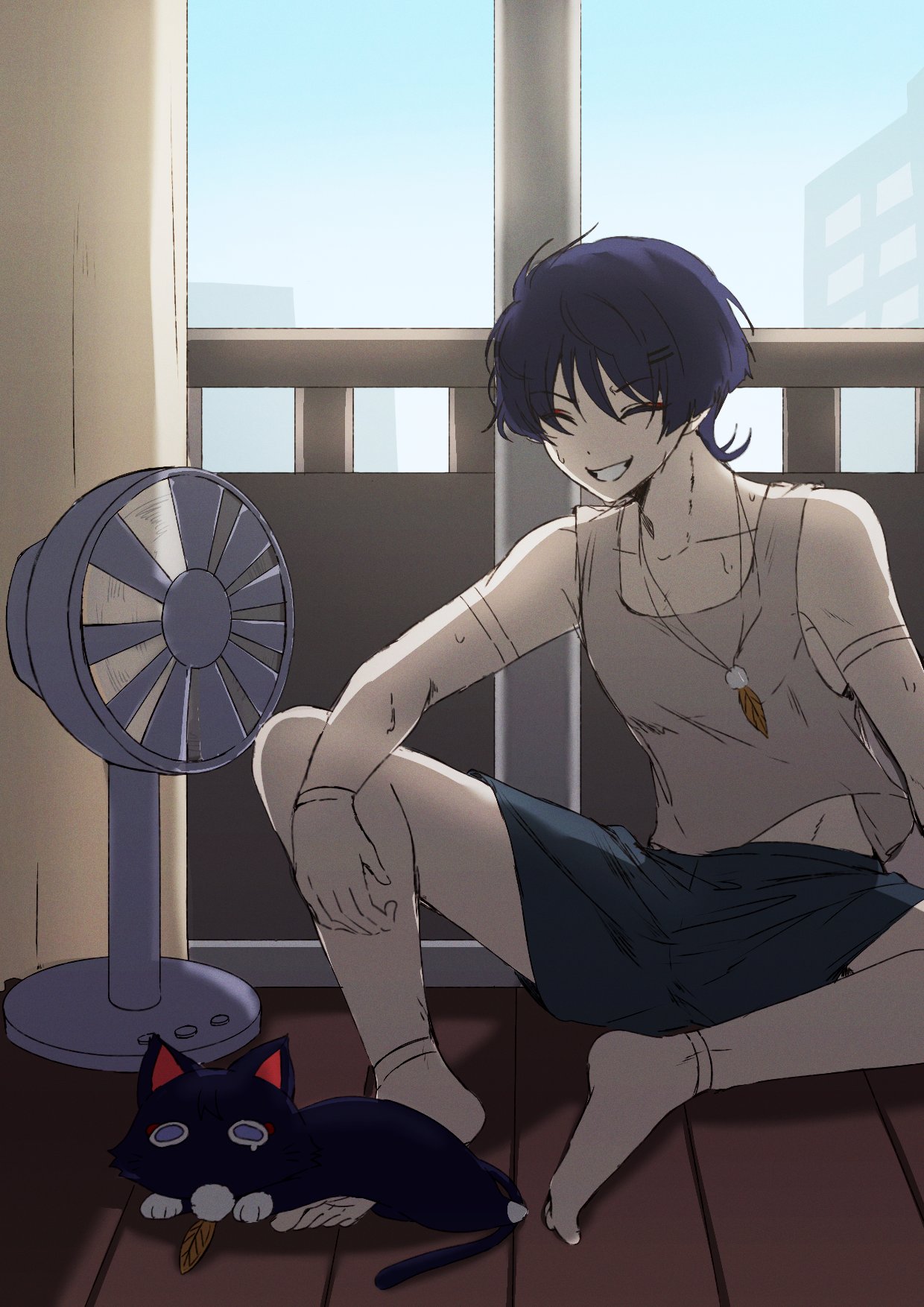 dlgodls0731, scaramouche (cat) (genshin impact), scaramouche (genshin impact), genshin impact, commentary, highres, symbol-only commentary, 1boy, alternate costume, animalization, arm at side, arm on thigh, bare shoulders, barefoot, black cat, black hair, black shorts, blue sky, blunt ends, casual, cat, cityscape, clear sky, closed eyes, collarbone, contemporary, curtains, doll joints, electric fan, eyeliner, eyeshadow, facing to the side, feather necklace, feathers, grin, hair ornament, hairclip, indoors, jewelry, joints, makeup, male focus, midriff peek, necklace, person and animalization, pom pom (clothes), red eyeliner, red eyeshadow, shorts, sitting, sky, smile, solo, summer, sweat, tank top, white tank top, window, wispy bangs, yellow feathers