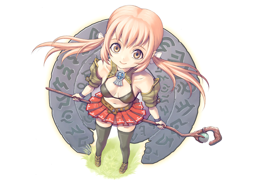 imamushi, original, 1girl, bikini, bikini top only, breasts, brown eyes, female focus, medium breasts, red hair, solo, staff, swimsuit, thighhighs, twintails, zettai ryouiki