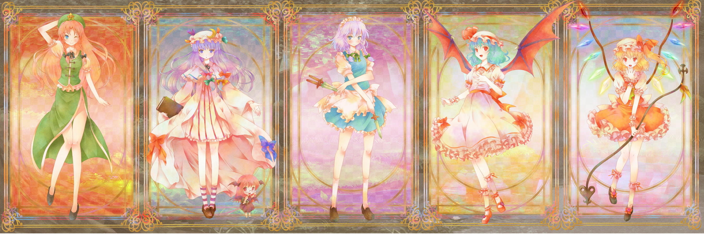 michii yuuki, flandre scarlet, hong meiling, izayoi sakuya, koakuma, patchouli knowledge, remilia scarlet, embodiment of scarlet devil, touhou, silver hair, bad id, bad pixiv id, highres, long image, wide image, 6+girls, bat wings, bespectacled, blonde hair, blue eyes, blue hair, book, braid, chibi, china dress, chinese clothes, column lineup, dress, female focus, glasses, hat, head wings, knife, long hair, multiple girls, one eye closed, ponytail, purple eyes, purple hair, red eyes, red hair, short hair, side ponytail, twin braids, wings, wink, wrist cuffs