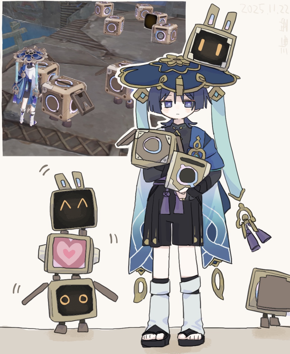 scaramouche (genshin impact), wanderer (genshin impact), genshin impact, commentary request, 1boy, armor, black bodysuit, black sandals, black shorts, blue cape, blue gemstone, blue hat, blunt ends, bodysuit, bridal gauntlets, cape, closed mouth, dated, eyeliner, eyeshadow, full body, furisode, game screenshot inset, gem, gold, gold ring, grey bridal gauntlets, grey hair, grey pupils, hakama, hakama shorts, hat, heart, holding, japanese armor, japanese clothes, jingasa, kimono, kote, kurokote, leg warmers, light blush, looking at viewer, makeup, male focus, mandarin collar, middle ring, pleated shorts, prospector bot (genshin impact), purple eyes, red eyeliner, red eyeshadow, robot, sandals, shorts, solo, standing, tassel, toeless legwear, umigasa, white background, white leg warmers, wispy bangs, zouri