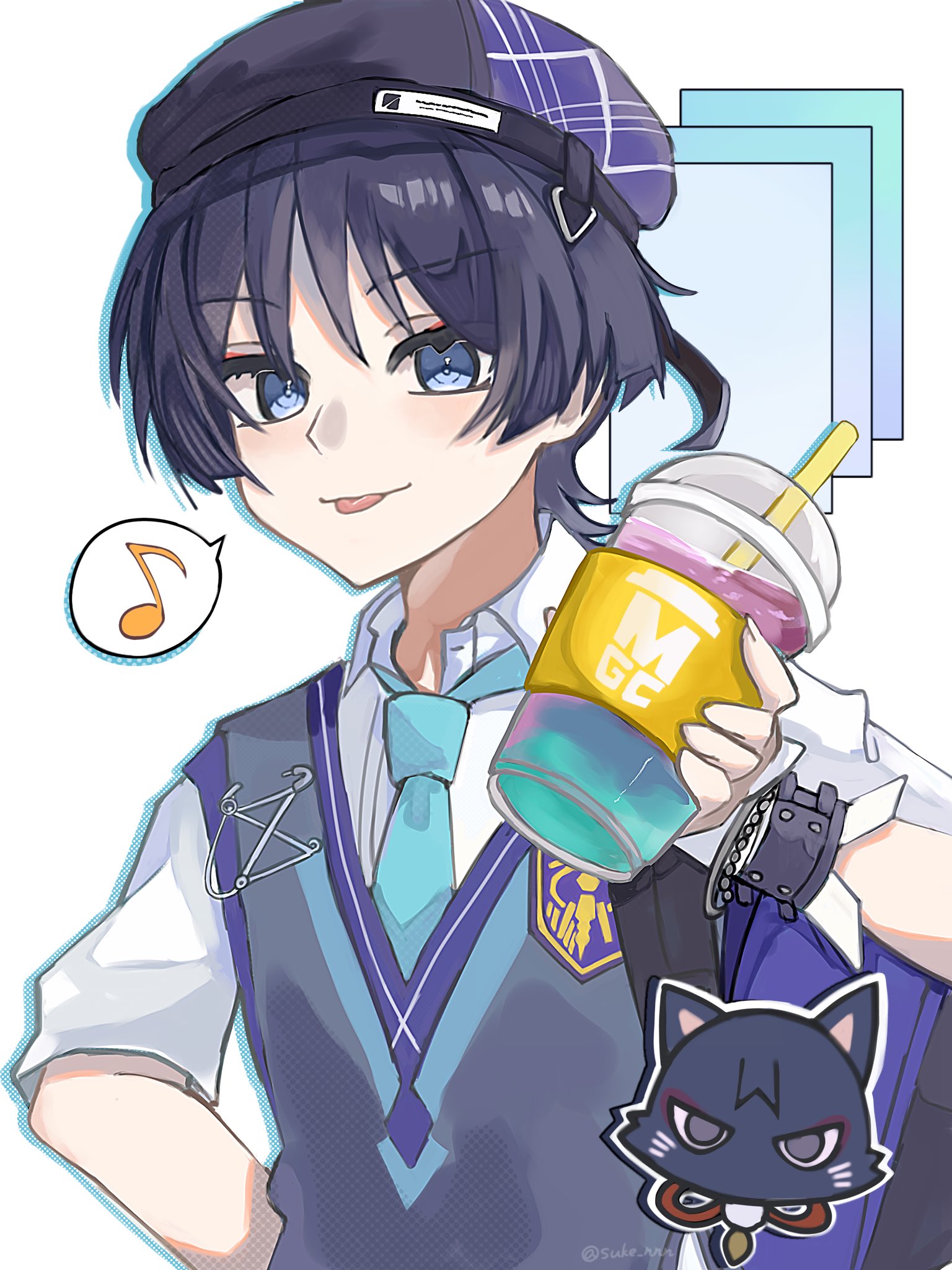 scaramouche (cat) (genshin impact), scaramouche (genshin impact), wanderer (genshin impact), wanderer (mega mgc coffee) (genshin impact), genshin impact, commentary request, highres, 1boy, aqua necktie, aqua trim, arm behind back, backpack, bag, bead bracelet, beads, beret, black hair, black hat, blue eyes, blue trim, blunt ends, bracelet, closed mouth, collared shirt, contemporary, cup, disposable cup, drinking straw, eyelashes, eyeliner, eyeshadow, fingernails, grey sweater vest, hand up, hat, holding, holding cup, jewelry, looking at viewer, makeup, male focus, musical note, necktie, official alternate costume, purple bag, red eyeliner, red eyeshadow, school uniform, shirt, short sleeves, solo, spoken musical note, suke nnn, sweater vest, tongue, tongue out, twitter username, undershirt, upper body, white background, white shirt, white sleeves, white wrist cuffs, wispy bangs, wrist cuffs