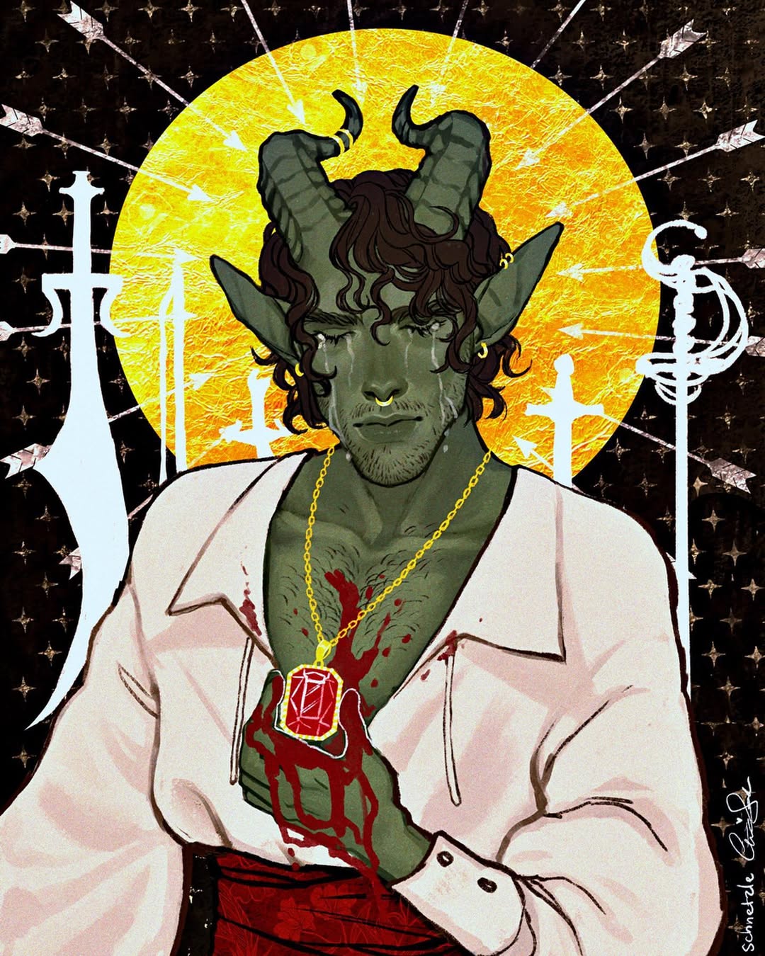 arcanegold, tiefling, dungeons & dragons, original, crystal necklace, commentary, english commentary, highres, 1boy, arrow (projectile), beard stubble, black background, blood, blood on chest, blood on clothes, blood on hands, brown hair, chest hair, closed eyes, closed mouth, collared shirt, colored skin, crying, curly hair, demon boy, demon horns, ear piercing, earrings, facial hair, fantasy, floating, floating object, floating sword, floating weapon, gold background, gold earrings, gold necklace, gold piercing, green skin, halo, halo behind head, holding, holding jewelry, holding necklace, horn ornament, horn ring, horns, jewelry, long sleeves, necklace, partially unbuttoned, piercing, pointy ears, puffy long sleeves, puffy sleeves, red sash, ring piercing, sash, shirt, shirt tucked in, short hair, signature, skin-covered horns, sparkle background, stubble, sword, teardrop, tears, thick eyebrows, two-tone background, upper body, vincent obra (arcanegold), waist sash, weapon, white shirt, yellow halo