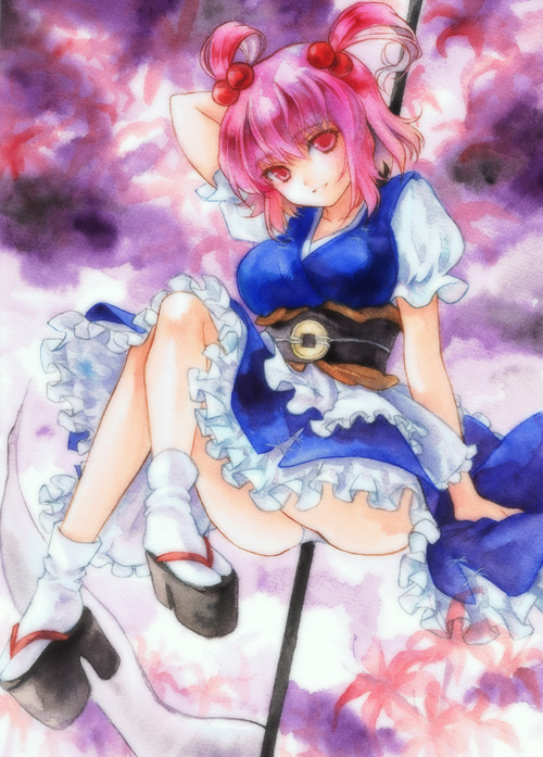 geroro, onozuka komachi, touhou, bad id, bad pixiv id, 1girl, ass, clog sandals, female focus, full body, hair bobbles, hair ornament, legs, okobo, panties, platform sandals, red eyes, red hair, sandals, scythe, short hair, solo, twintails, two side up, underwear