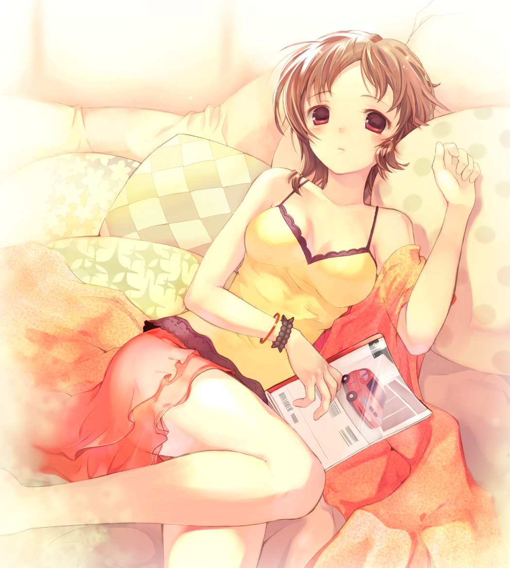 takeda mika, original, bad id, bad pixiv id, 1girl, bare shoulders, bed, blush, bracelet, brown hair, camisole, chemise, cushion, female focus, jewelry, lying, magazine (object), pillow, red eyes, see-through clothes, skirt, solo