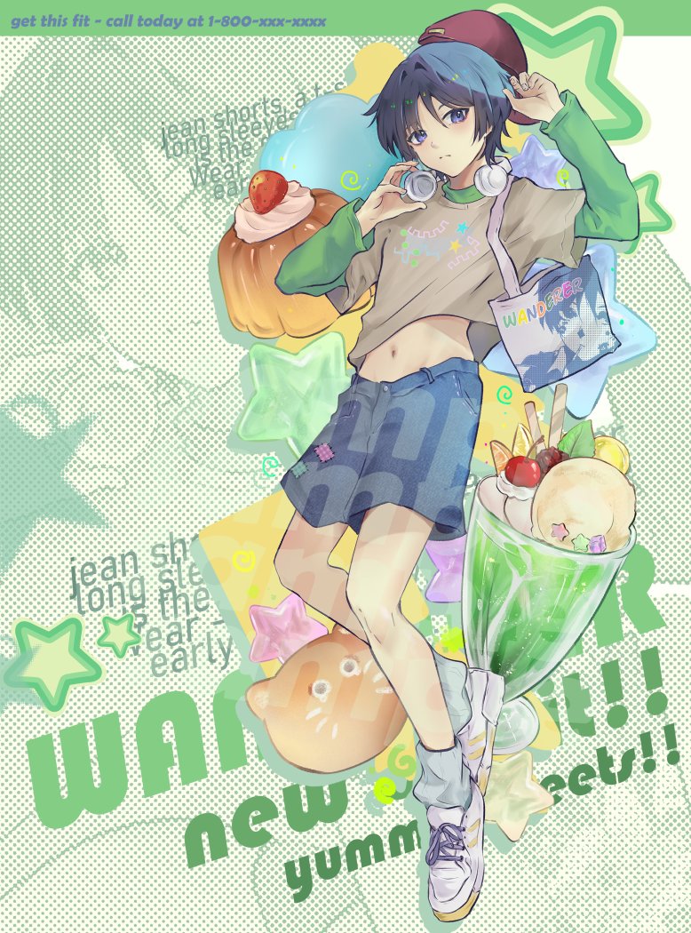 tofuubuns, scaramouche (genshin impact), wanderer (genshin impact), genshin impact, commentary, english commentary, food request, 1boy, alternate costume, aqua socks, backwards hat, bag, baseball cap, blue shorts, blunt ends, brown shirt, brown sleeves, casual, character name, character print, closed mouth, contemporary, cross-laced shoes, denim, denim shorts, english text, expressionless, fingernails, food, full body, glass, green shirt, green sleeves, grey hair, hair intakes, hands up, hat, headphones, headphones around neck, ice cream, ice cream float, layered sleeves, long sleeves, looking at viewer, loose socks, male focus, midriff, navel, purple eyes, red hat, ribbed socks, shirt, shoes, short over long sleeves, short sleeves, shorts, shoulder bag, sneakers, socks, solo, split mouth, star (symbol), undershirt, white bag, white shoes, wispy bangs