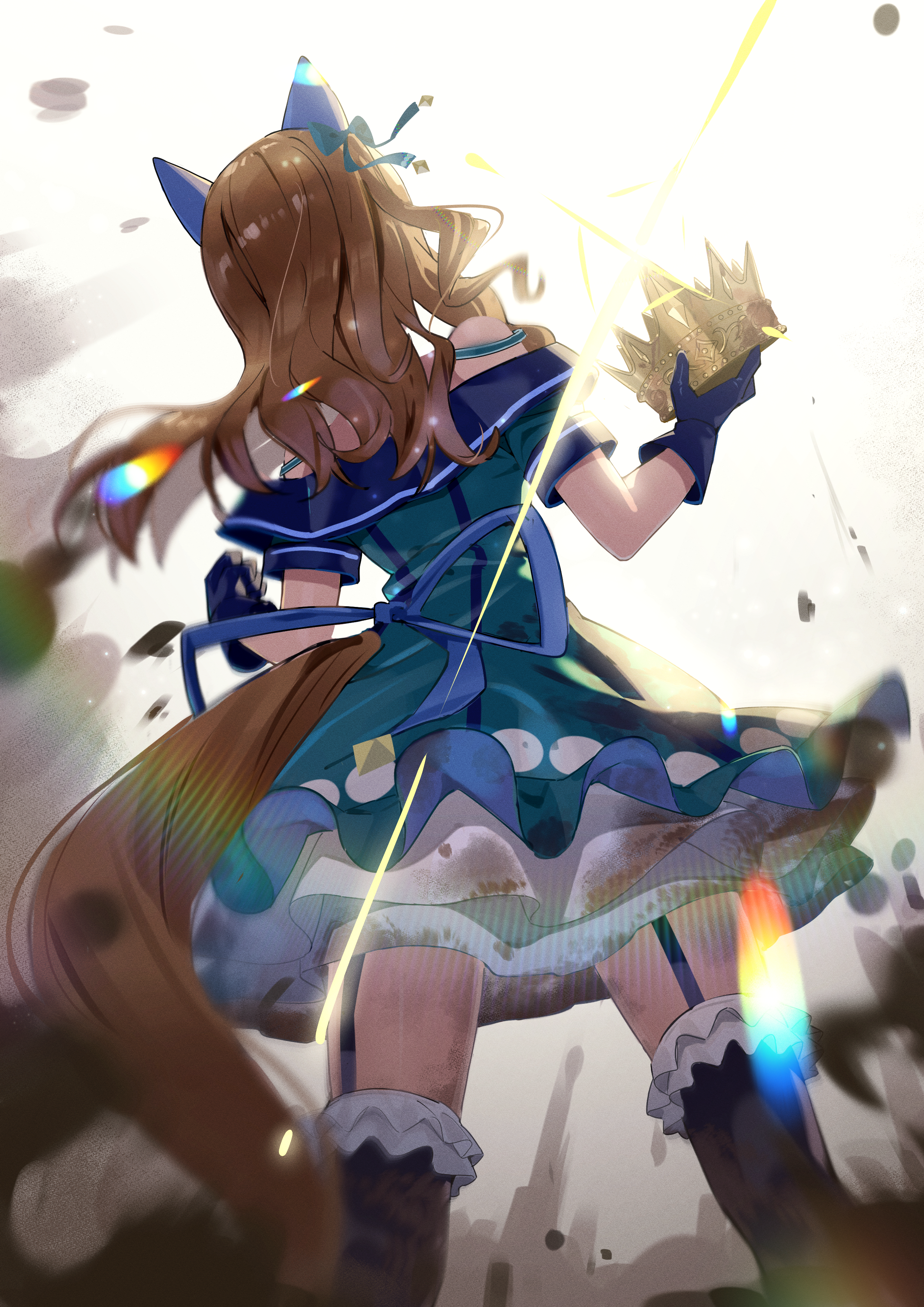 freely2327, king halo (king of emeralds) (umamusume), king halo (umamusume), umamusume, absurdres, commentary request, highres, 1girl, animal ears, bare shoulders, black gloves, black thighhighs, bow, brown hair, crown, dress, ear bow, ear covers, ear ribbon, frilled thighhighs, frills, from behind, garter straps, gloves, green bow, green dress, holding, holding crown, horse ears, horse girl, horse tail, long hair, off-shoulder dress, off shoulder, solo, tail, thighhighs
