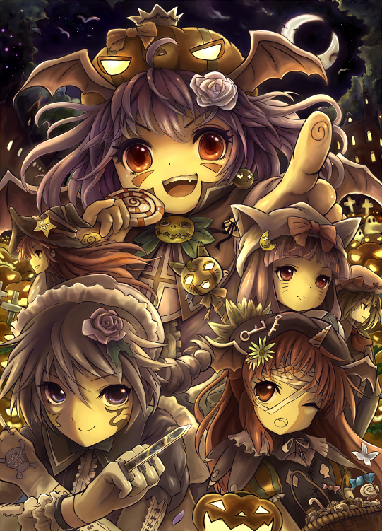 shoukou, flandre scarlet, hong meiling, izayoi sakuya, koakuma, patchouli knowledge, remilia scarlet, embodiment of scarlet devil, touhou, light purple hair, silver hair, 6+girls, animal ears, bat wings, blonde hair, braid, cat ears, fake animal ears, female focus, gloves, halloween, hat, head wings, jack-o'-lantern, long hair, moon, multiple girls, pumpkin, purple eyes, purple hair, red eyes, red hair, short hair, twin braids, wings, witch hat