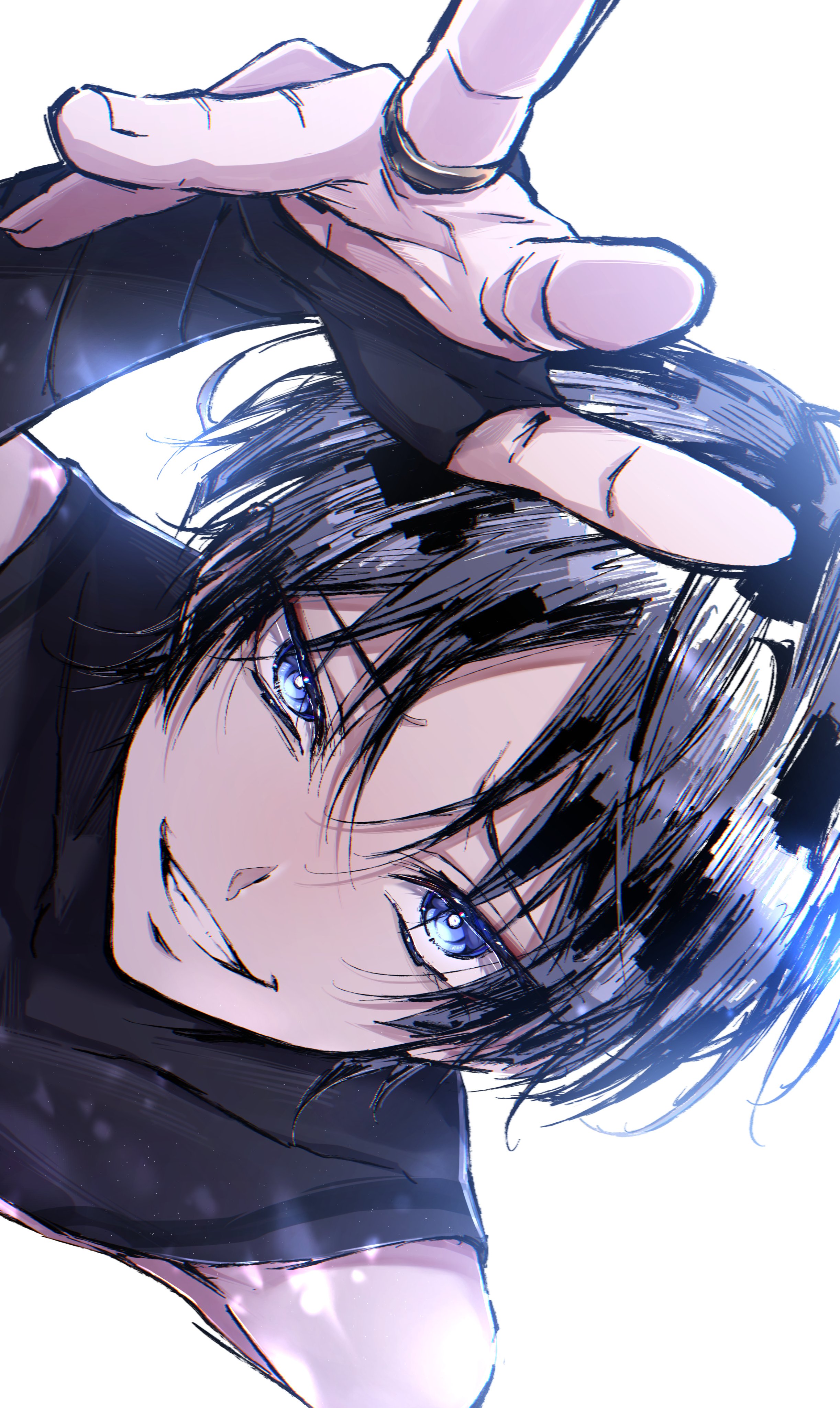 5656hayururi, scaramouche (genshin impact), wanderer (genshin impact), genshin impact, absurdres, commentary request, highres, variant set, 1boy, backlighting, black bodysuit, black bridal gauntlets, black hair, blunt ends, bodysuit, bridal gauntlets, bright pupils, choppy bangs, covered collarbone, eyeliner, eyeshadow, fingernails, gold ring, grin, looking at viewer, makeup, male focus, middle ring, multicolored hair, parted bangs, purple eyes, reaching, reaching towards viewer, red eyeliner, red eyeshadow, sideways, single bare shoulder, smile, smirk, solo, streaked hair, teeth, tsurime, uneven eyes, white background, white hair, white pupils