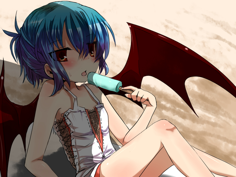mikan (ama no hakoniwa), remilia scarlet, touhou, 1girl, alternate costume, alternate hairstyle, bare legs, bare shoulders, bat wings, blue hair, blush, female focus, flat chest, folded ponytail, food, popsicle, red eyes, shade, short hair, solo, wings
