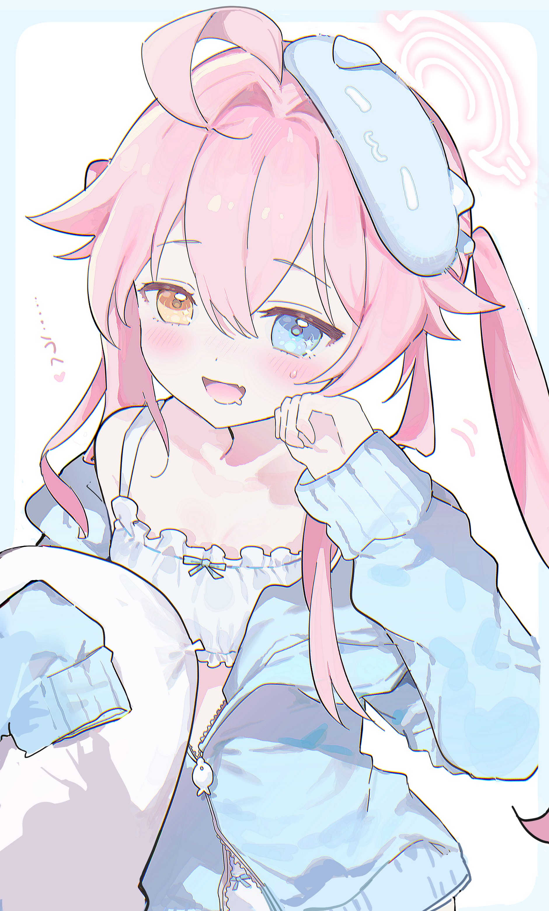 0202ase, hoshino (blue archive), blue archive, absurdres, commentary, highres, symbol-only commentary, translation request, 1girl, ahoge, bloomers, blue border, blue eyes, blue jacket, blush, border, bra, frilled bra, frills, hair between eyes, hair intakes, halo, heterochromia, holding, holding pillow, jacket, jacket partially removed, long sleeves, looking at viewer, medium hair, open mouth, pillow, pink halo, single bare shoulder, sleep mask, sleeve cuffs, sleeves past fingers, sleeves past wrists, solo, sweatdrop, twintails, underwear, white background, white bloomers, white bra, yellow eyes, zipper