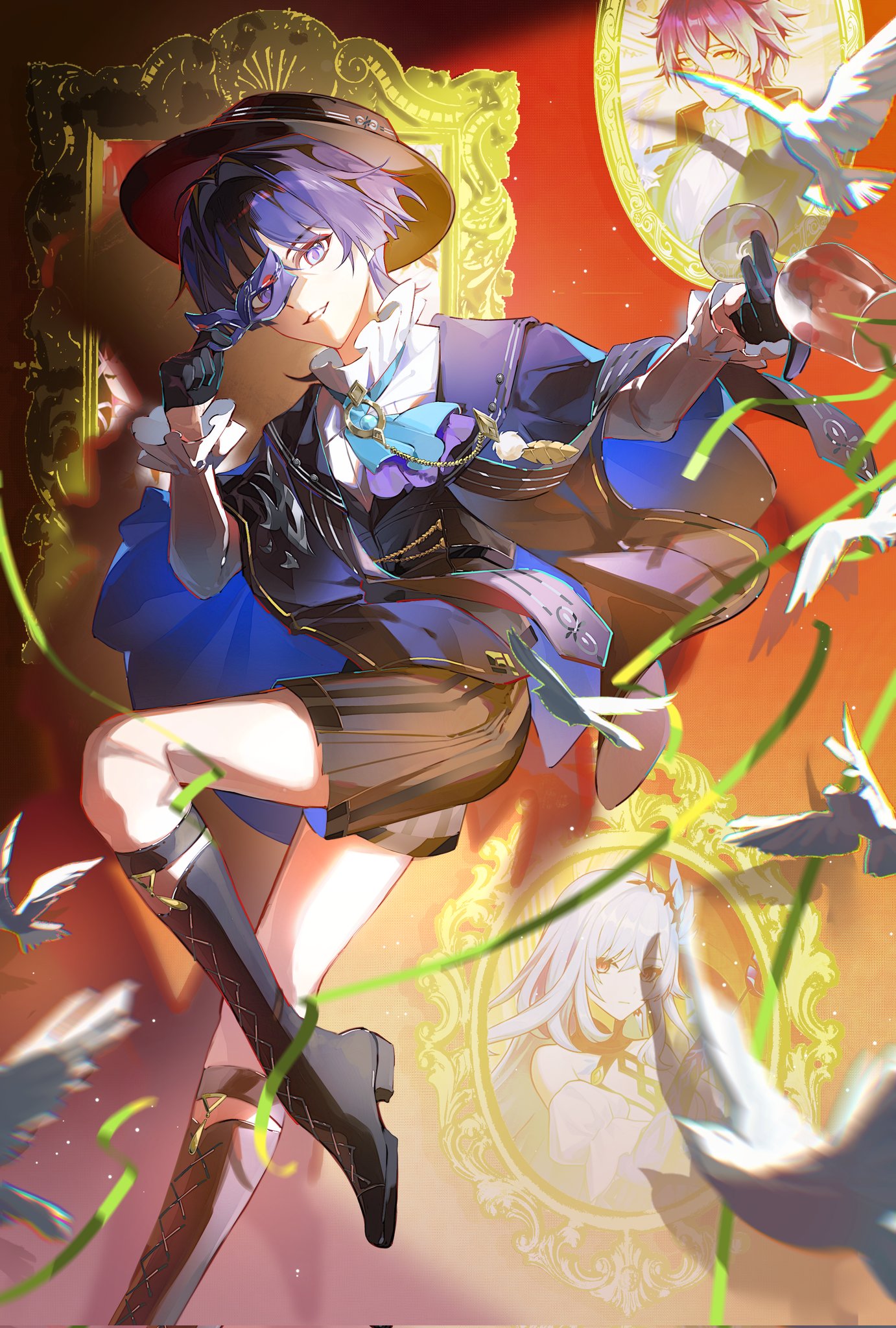 cu09291, columbina (genshin fes 2026) (genshin impact), columbina (genshin impact), flins (genshin fes 2026) (genshin impact), flins (genshin impact), scaramouche (genshin impact), skirk (genshin fes 2026) (genshin impact), skirk (genshin impact), wanderer (genshin fes 2026) (genshin impact), wanderer (genshin impact), genshin impact, highres, 1boy, aiguillette, alternate costume, ascot, bird, black bow, black coat, black gloves, black hat, black shorts, black sleeves, black vest, blue ascot, blue coat, blue gemstone, blue leotard, blue sleeves, blunt ends, blurry, boater hat, boots, bow, brooch, cat mask, character print, coat, coat on shoulders, collared shirt, colored inner hair, confetti, cup, depth of field, domino mask, dove, dress shirt, eye mask, eyelashes, eyeliner, eyeshadow, feathers, formal clothes, frilled shirt collar, frilled sleeves, frills, gem, glass, gloves, gold, grey hair, grin, hair intakes, half gloves, hand up, hat, holding, holding cup, holding mask, jewelry, knee boots, knee up, lace-up boots, lapels, layered ascot, layered sleeves, leotard, long sleeves, looking at viewer, makeup, mask, mask over one eye, multicolored hair, outstretched arm, pleated shorts, pom pom (clothes), portrait (object), purple ascot, purple eyes, purple hair, purple mask, purple shorts, red eyeliner, red eyeshadow, shadow, shirt, short over long sleeves, short sleeves, shorts, sidelighting, smile, tsurime, two-sided coat, two-sided fabric, two-sided shorts, two-sided sleeves, undershirt, vest, vision (genshin impact), white shirt, white sleeves, wispy bangs, yellow feathers