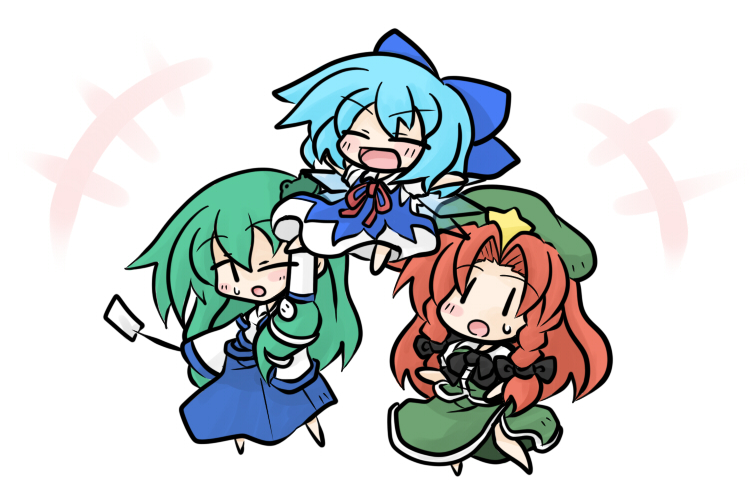 yanagi (nurikoboshi), cirno, hong meiling, kochiya sanae, touhou, touhou hisoutensoku, striped, 3girls, :d, ^ ^, blue hair, bow, chibi, closed eyes, gohei, green hair, hair bow, multiple girls, oonusa, open mouth, red hair, short hair, simple background, smile, vertical stripes, white background