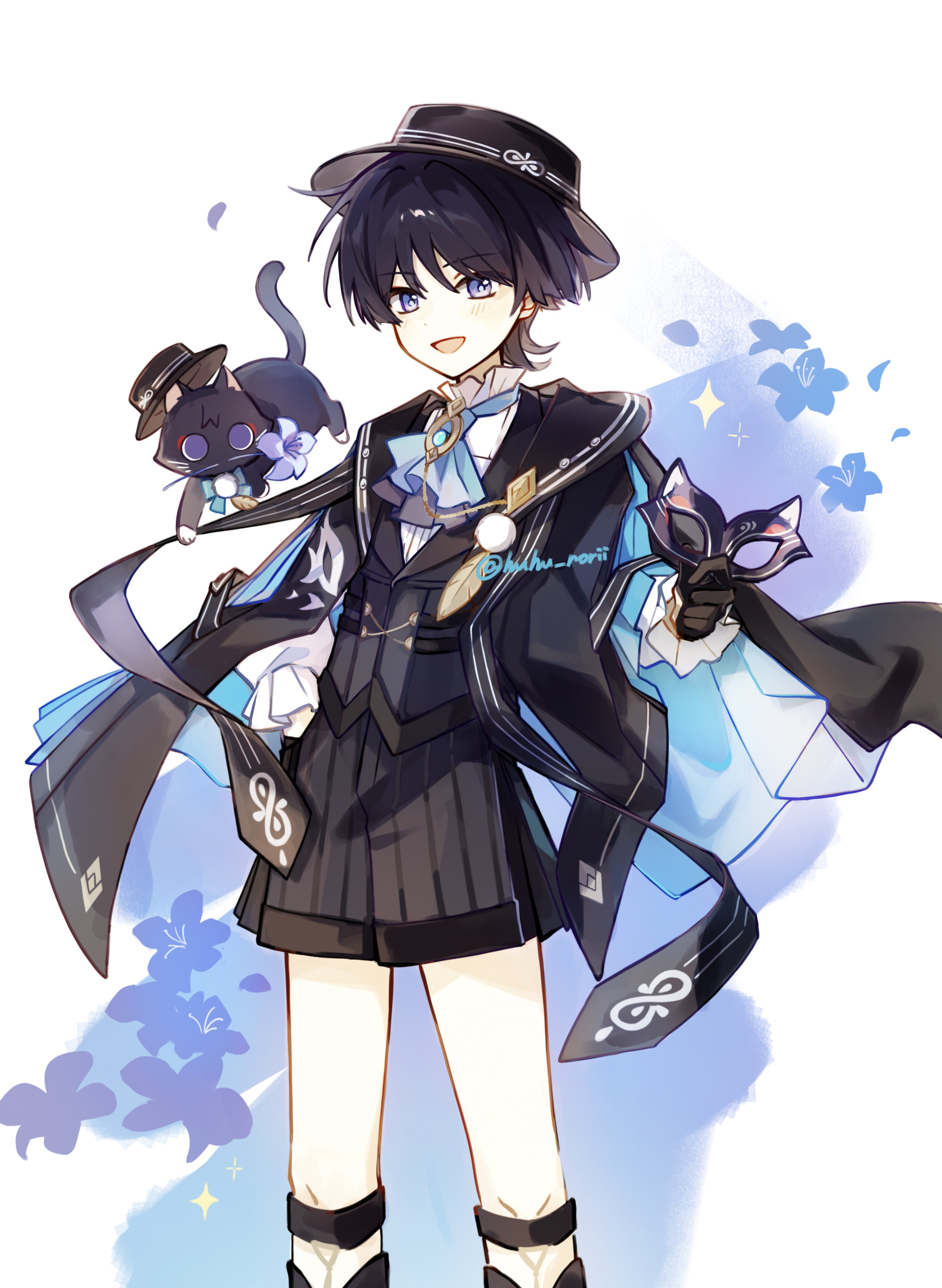 huhu norii, scaramouche (cat) (genshin impact), scaramouche (genshin impact), wanderer (genshin fes 2026) (genshin impact), wanderer (genshin impact), genshin impact, absurdres, highres, 1boy, aiguillette, alternate costume, animalization, arm at side, ascot, black cat, black coat, black hat, black shorts, blue ascot, blue coat, blue flower, blue gemstone, blue ribbon, blunt ends, boater hat, brooch, cat, cat mask, coat, coat on shoulders, cowboy shot, domino mask, eye mask, falling petals, feathers, flower, formal clothes, frilled shirt collar, frilled sleeves, frills, gem, gold, grey ascot, hand in pocket, hat, holding, holding mask, jewelry, layered ascot, layered sleeves, light blush, long sleeves, looking at viewer, male focus, mask, open mouth, person and animalization, petals, pleated shorts, pom pom (clothes), purple eyes, purple flower, purple mask, purple petals, ribbon, shirt, shorts, two-sided coat, two-sided fabric, undershirt, vision (genshin impact), white background, white shirt, white sleeves, white trim, wispy bangs, yellow feathers