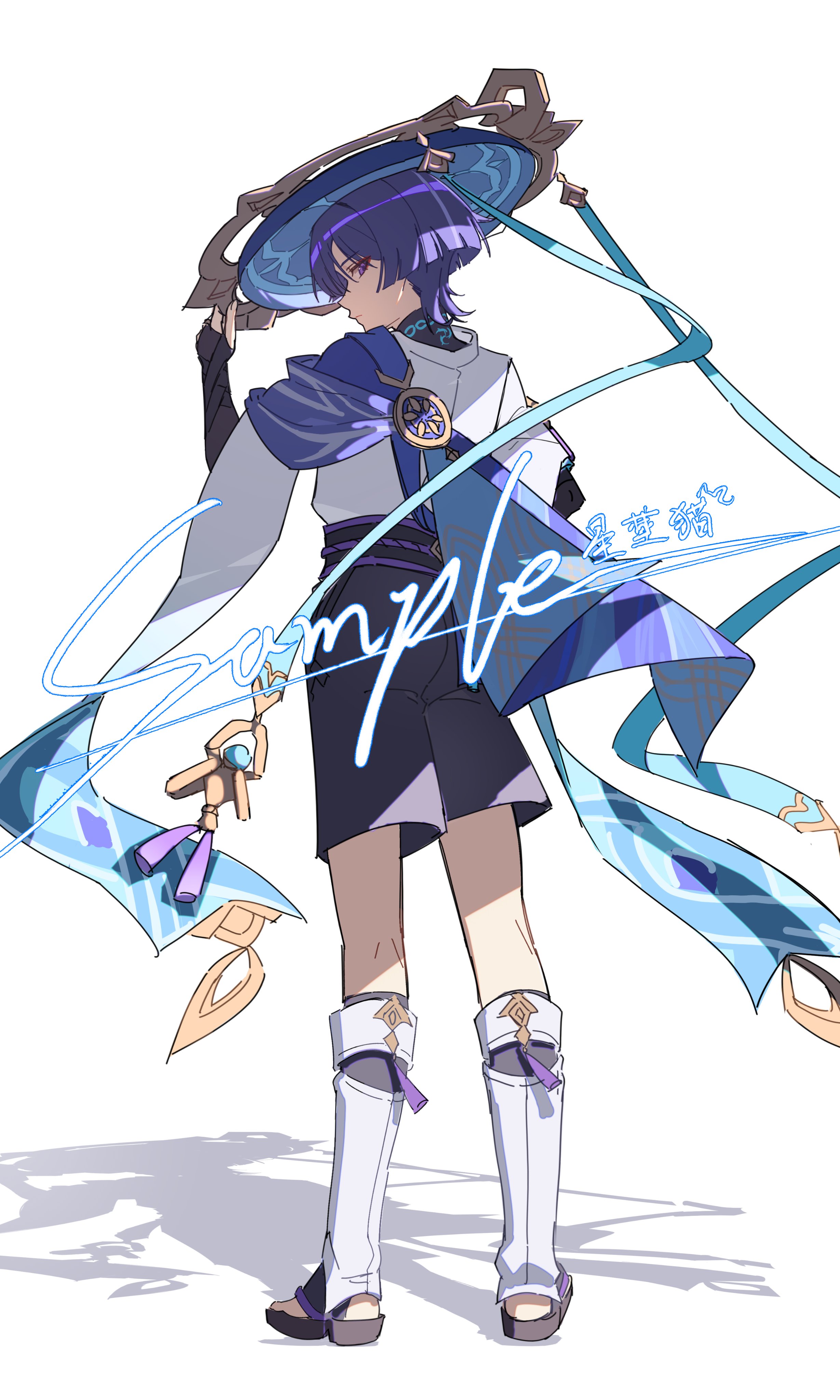 miaoyeza233, scaramouche (genshin impact), wanderer (genshin impact), genshin impact, absurdres, commentary request, highres, 1boy, armor, belt, black belt, black bridal gauntlets, black sandals, black shorts, blue cape, blue hat, blue sleeves, bridal gauntlets, bridal legwear, cape, closed mouth, expressionless, eyeliner, eyeshadow, fingernails, from behind, full body, furisode, gold, gold ring, gold trim, hand up, hat, hat tip, head tilt, japanese armor, japanese clothes, jingasa, kimono, kote, kurokote, layered sleeves, leg warmers, looking at viewer, looking back, makeup, male focus, middle ring, multicolored cape, purple cape, purple eyes, purple hair, purple rope, purple sash, red eyeliner, red eyeshadow, rope, sample watermark, sandals, sash, shadow, short sleeves, shorts, solo, standing, stirrup legwear, tassel, toeless legwear, tsurime, watermark, white background, white kimono, white leg warmers, white sleeves, zouri